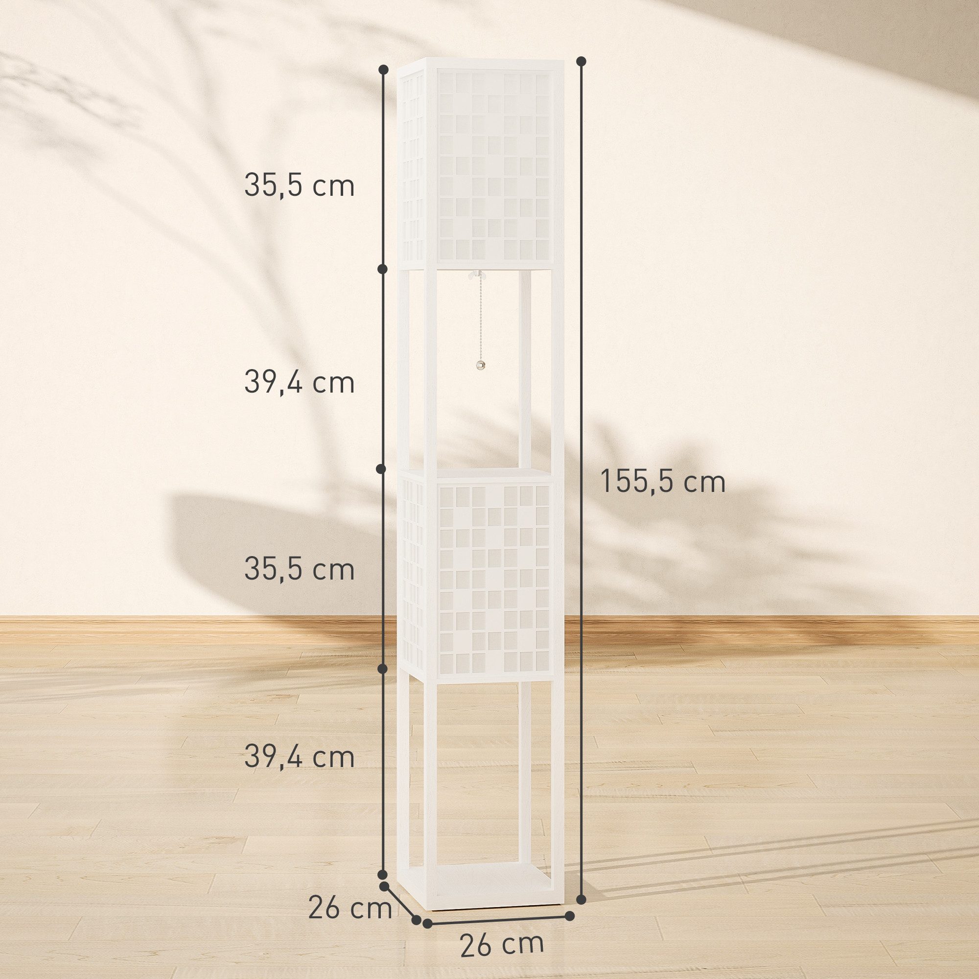HOMCOM Stehlampe moderne Stehleuchte mit Regalen, Fußschalter und Zugkette, ohne Leuchtmittel, für Wohnzimmer, Schlafzimmer, Weiß