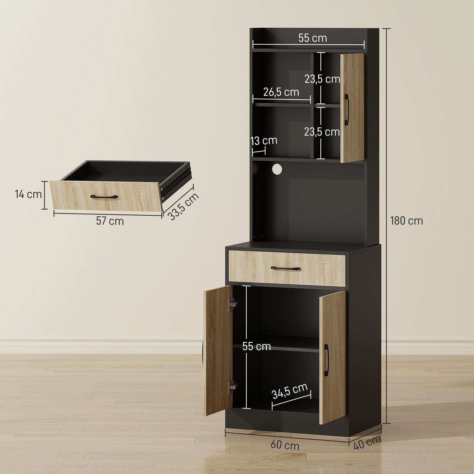 HOMCOM Mehrzweckschrank Küchenschrank mit 3 Türen, Schublade, Vitrinenschrank (Hochschrank, 1-St., Buffetschrank) mit Kabelmanagementloch, Naturholz+Schwarz