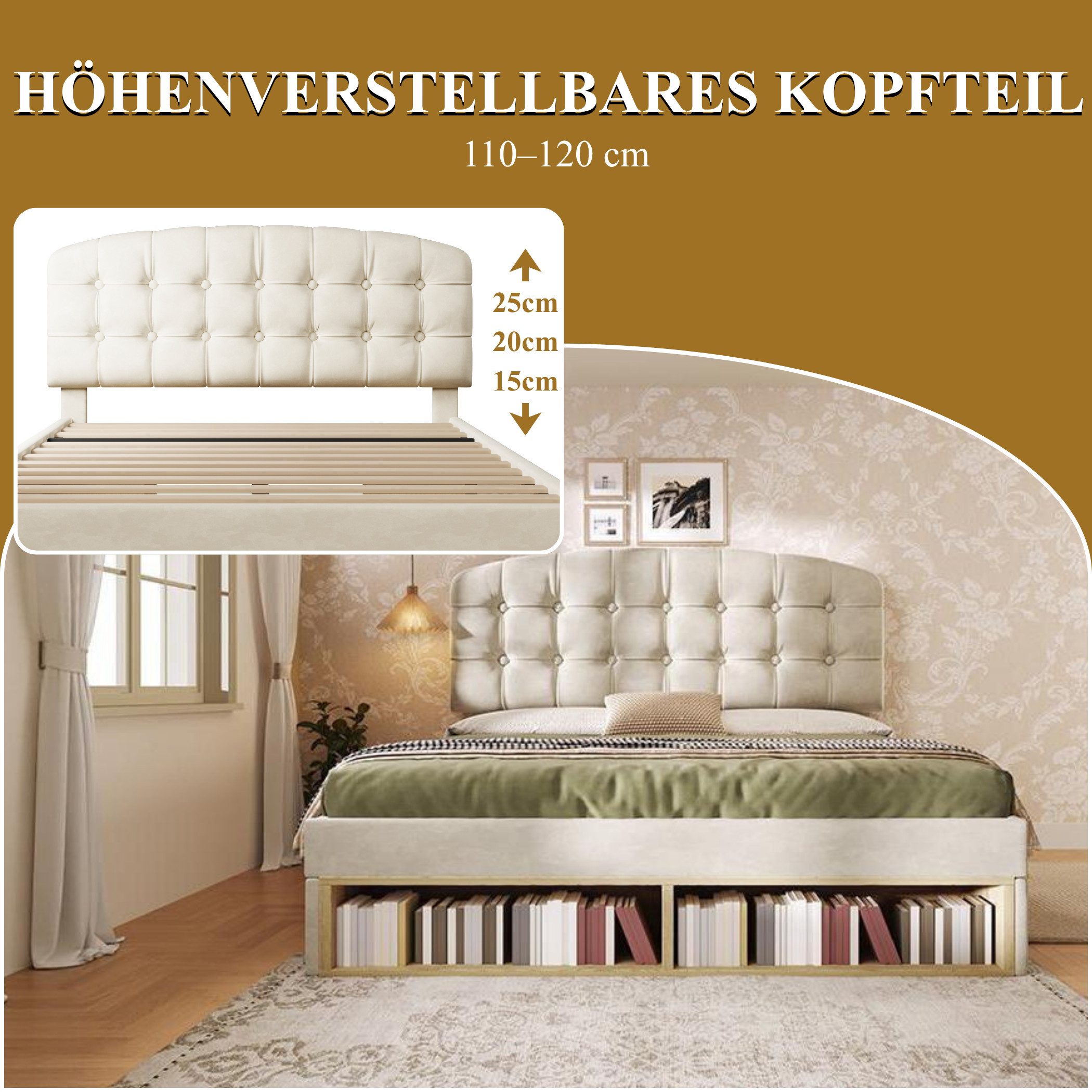 SeedWave Polsterbett Stauraumbett mit Samtbezug, Höhenverstellbarem Kopfteil 110-120cm, 140x190cm Doppelbett mit versteckten Schubladen, offene Ablagen