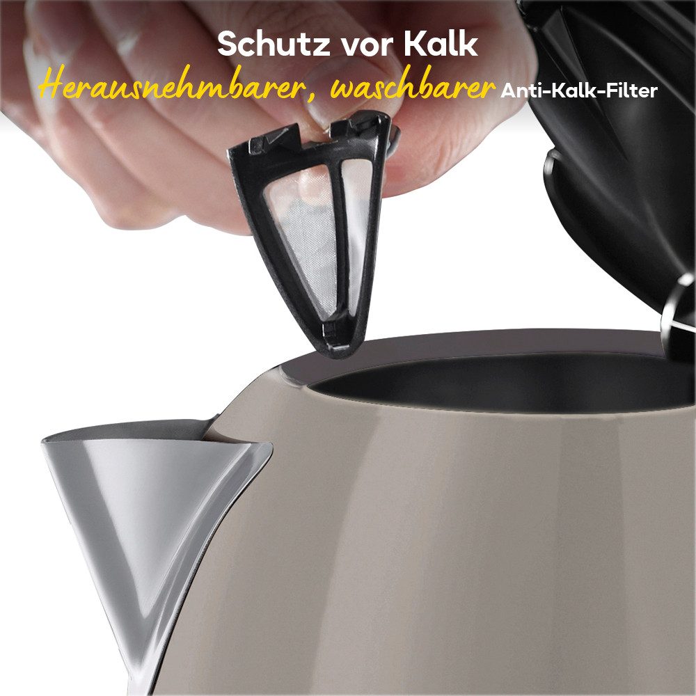 RUSSELL HOBBS Wasserkocher Colours Plus+ Mocha 28511-70, 1,7 l, 2400 W, Edelstahl, Schnellkochfunktion, Perfect-pour-Ausgustülle, Kalkfilter