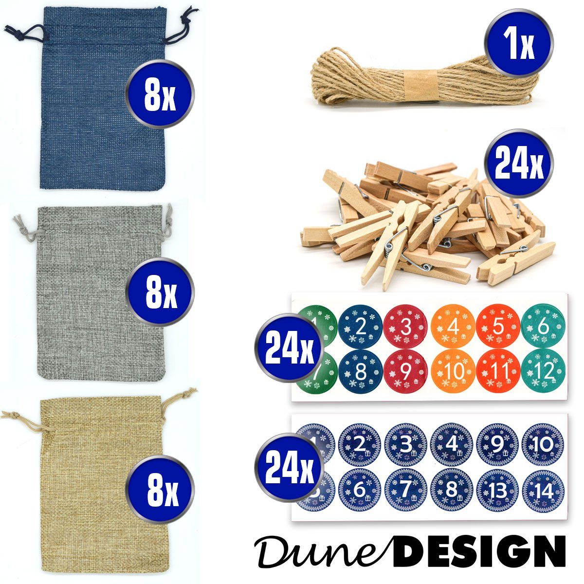 DuneDesign befüllbarer Adventskalender DIY Adventskalender Bastelset mit 24 Jutesäckchen, Nachhaltige Beutel mit Stickern und Zubehör zum Befüllen – Bild 5 von 5
