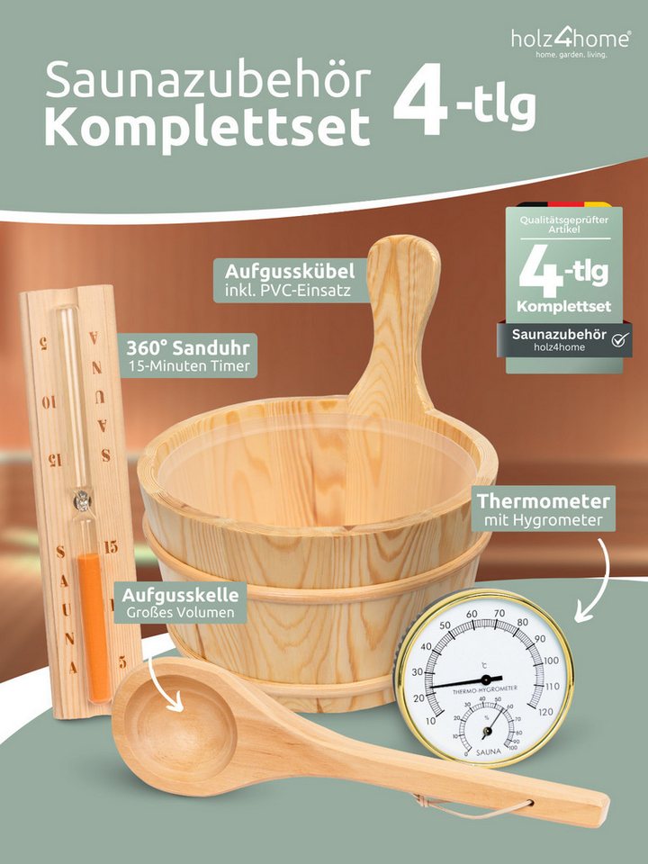 Thumbnail - holz4home® Sauna-Aufgussset Sauna Eimer Set I Saunazubehör aus Holz (4-tlg., Set) inkl. Eimer, Kelle, Sanduhr, Thermomet...