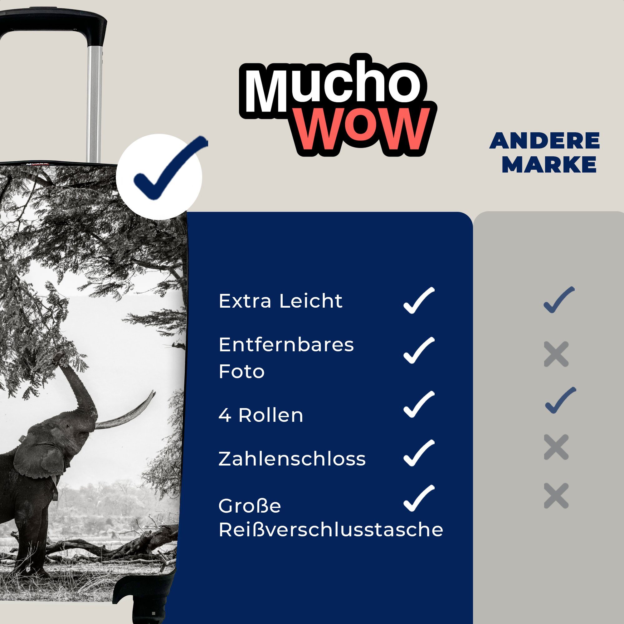 Handgepäckkoffer 4 - und Tiere Ferien, Baum Handgepäck mit - weiß, Elefant - Schwarz MuchoWow Reisetasche Reisekoffer rollen, Rollen, Trolley, für