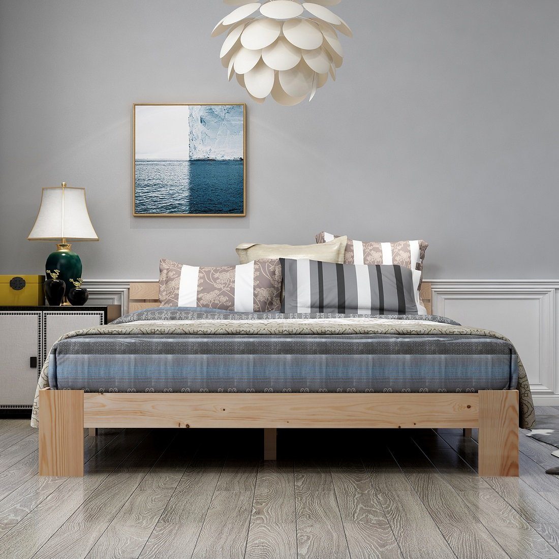 Holzbett (Maasivholzbett Futonbett), Doppelbett mit Kopfteil und Lattenrost, 200x140 cm, aus Kiefer