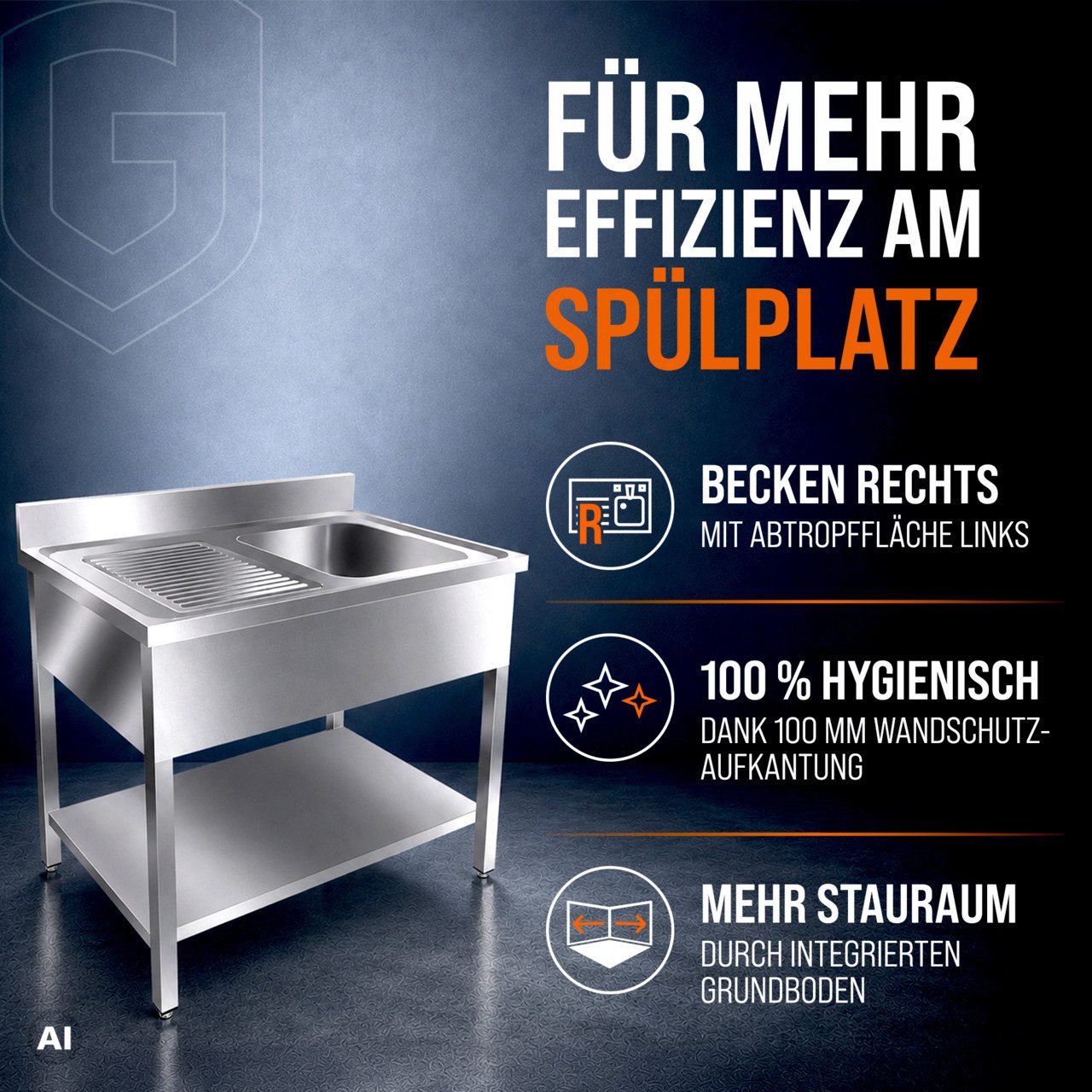 GastroHero Arbeitstisch Spültisch 100x60 cm - Edelstahl mit Becken - Gastro - Spüle, AISI201-Edelstahl, Grundboden, nach Hygienerichtlinien produziert – Bild 2 von 5