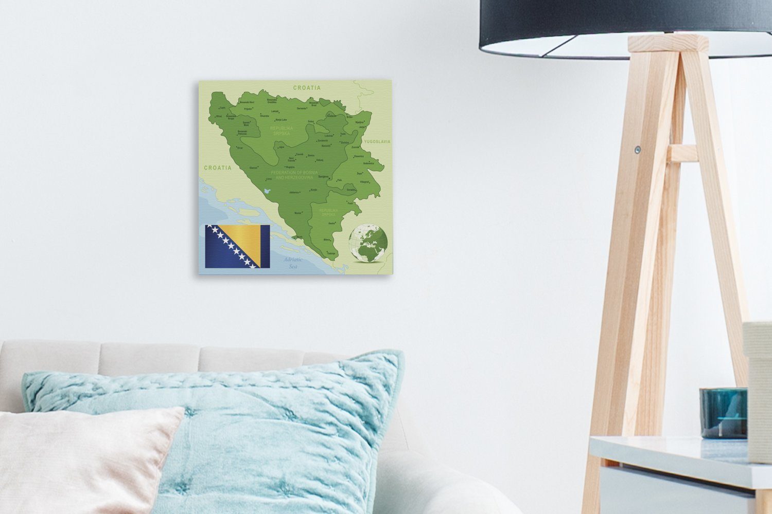OneMillionCanvasses® Leinwandbild Illustration von Bosnien grüner Farbe, (1 Bilder Herzegowina St), in Leinwand für und Schlafzimmer Wohnzimmer