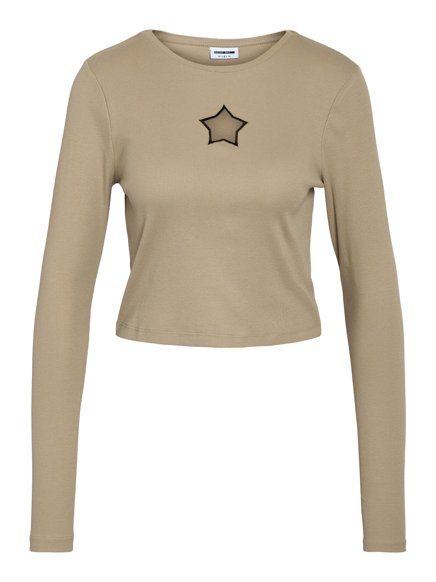 Noisy may T-Shirt Crop mit Cut-out-Detail in Sternform für Damen Baumwolle Slim Fit Rundhals Langarm unifarben wärmend