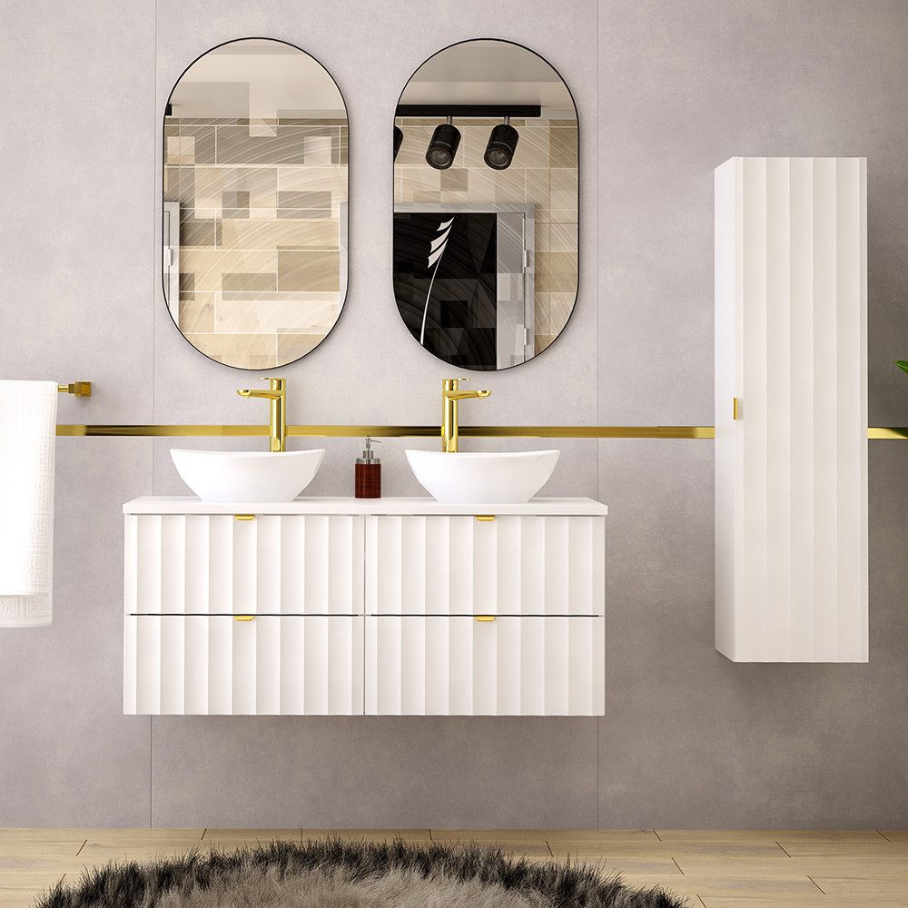 Lomadox Badmöbel-Set AVOLA-140, (Spar-Set, 4-St., Waschbeckenunterschrank Spiegel Hochschrank), Badezimmer Set inkl. Waschtisch Gäste WC modern in weiß matt