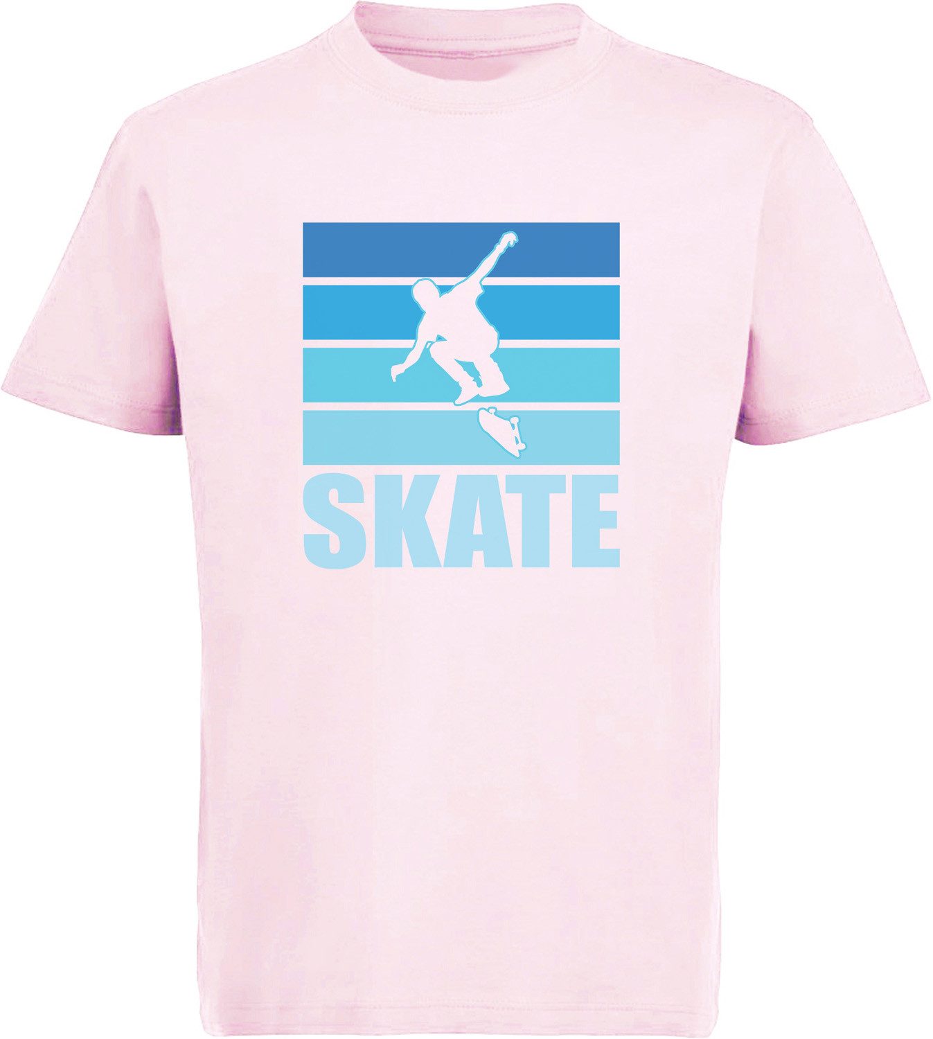 T-Shirt Kinder Print Shirt Skateboarder Silhouette vor blauem Skate Schriftzug