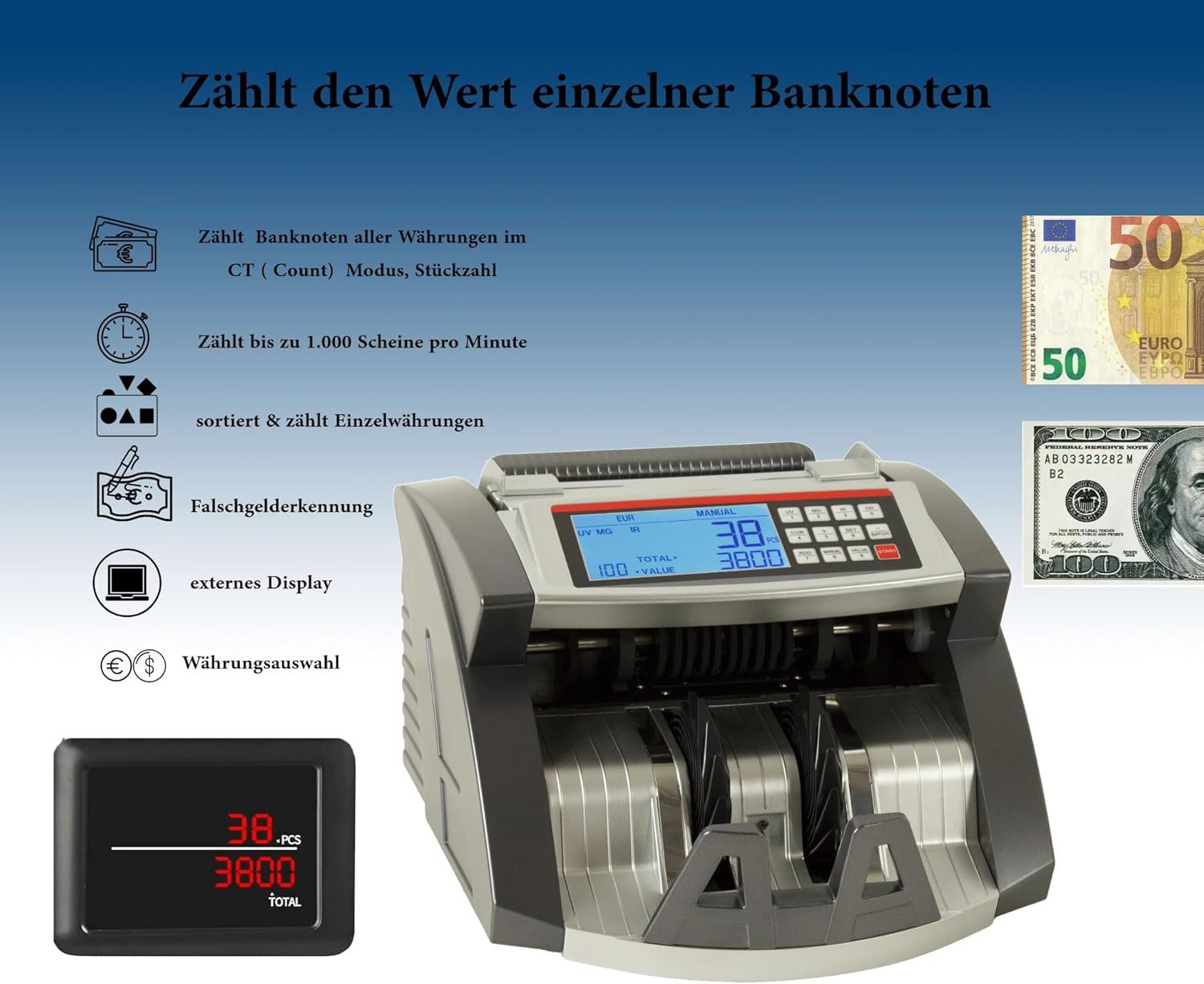 Securina24 Banknotenzähler Geldzählmaschine Banknotenzähler Wertzähler für Einzelsorten SR3800 – Bild 2 von 5