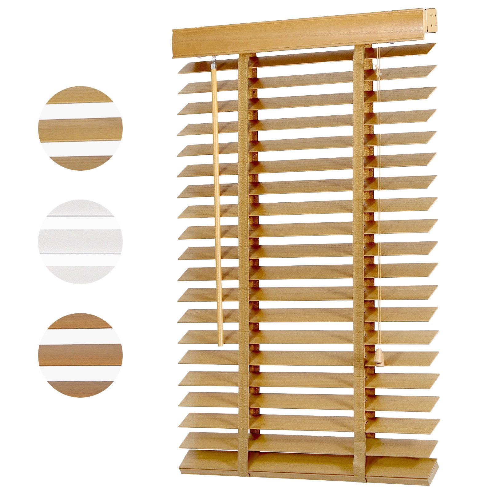 Sekey Jalousie Holzjalousie 50 mm Lamellen Fensterjalousie Blickschutz Jalousie, Klemmträger mit Feststellschraube, Fenster & Tür Echtholz Rollo 60x130 cm Holzrollo Naturholzfarbe