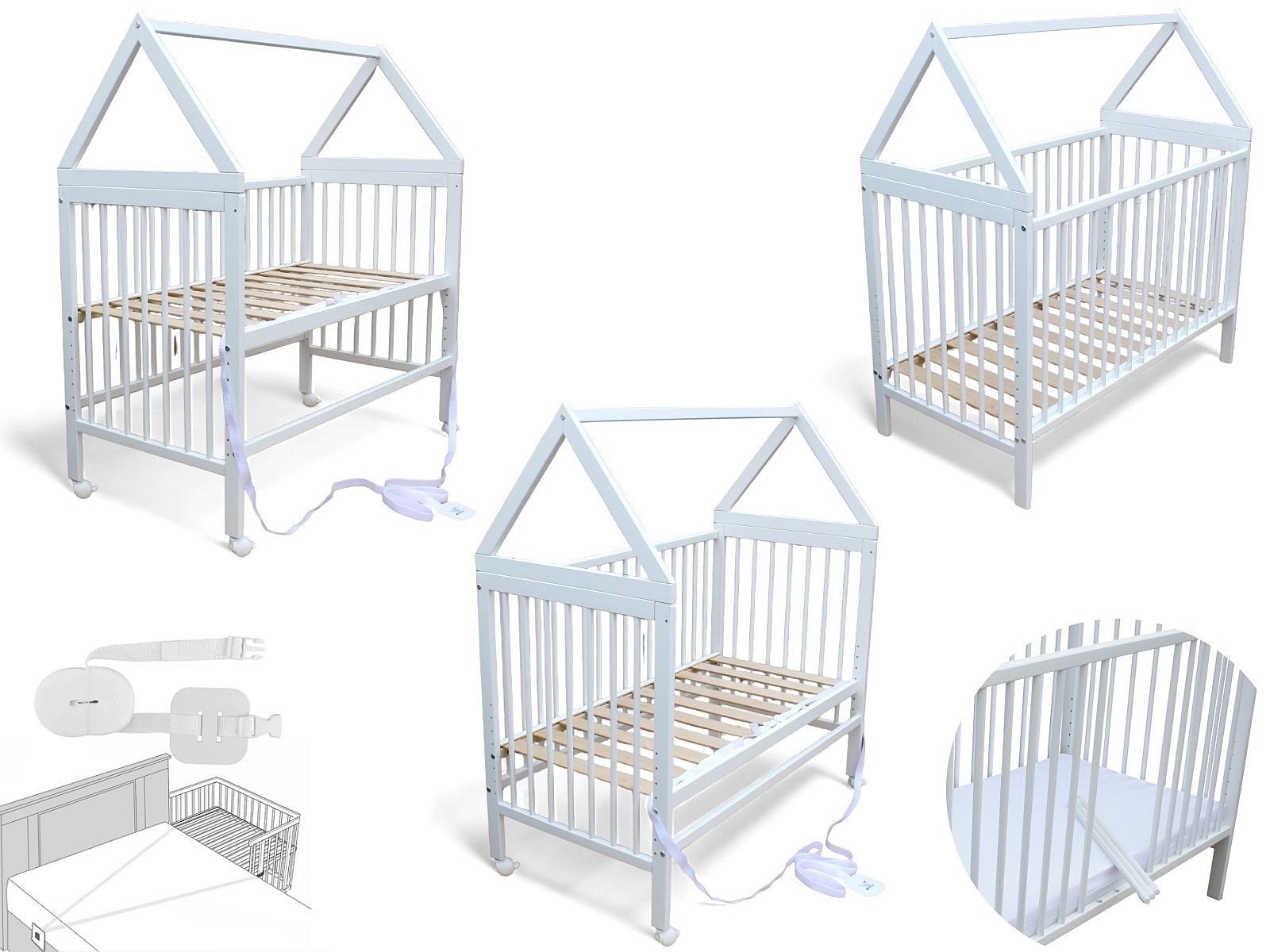 Micoland Kinderbett Kinderbett Beistellbett Babybett Haus 120x60 cm mit Gurt und Räder