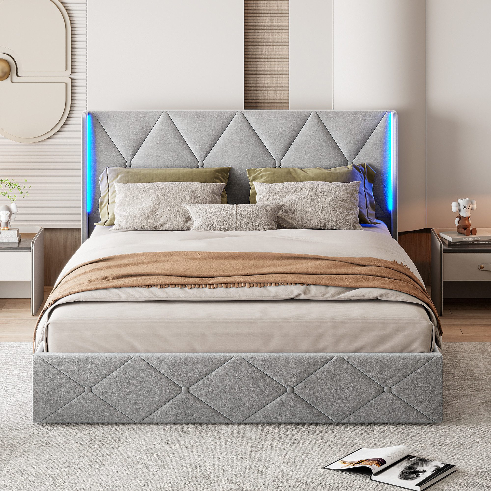 ADWOLT Stauraumbett Polsterbett Doppelbett mit LED-Beleuchtung Kopfteil (Bettgestell mit Metallrahmen und Lattenrost), Hydraulisches Funktionsbett, ohne Matratz – Bild 2 von 5