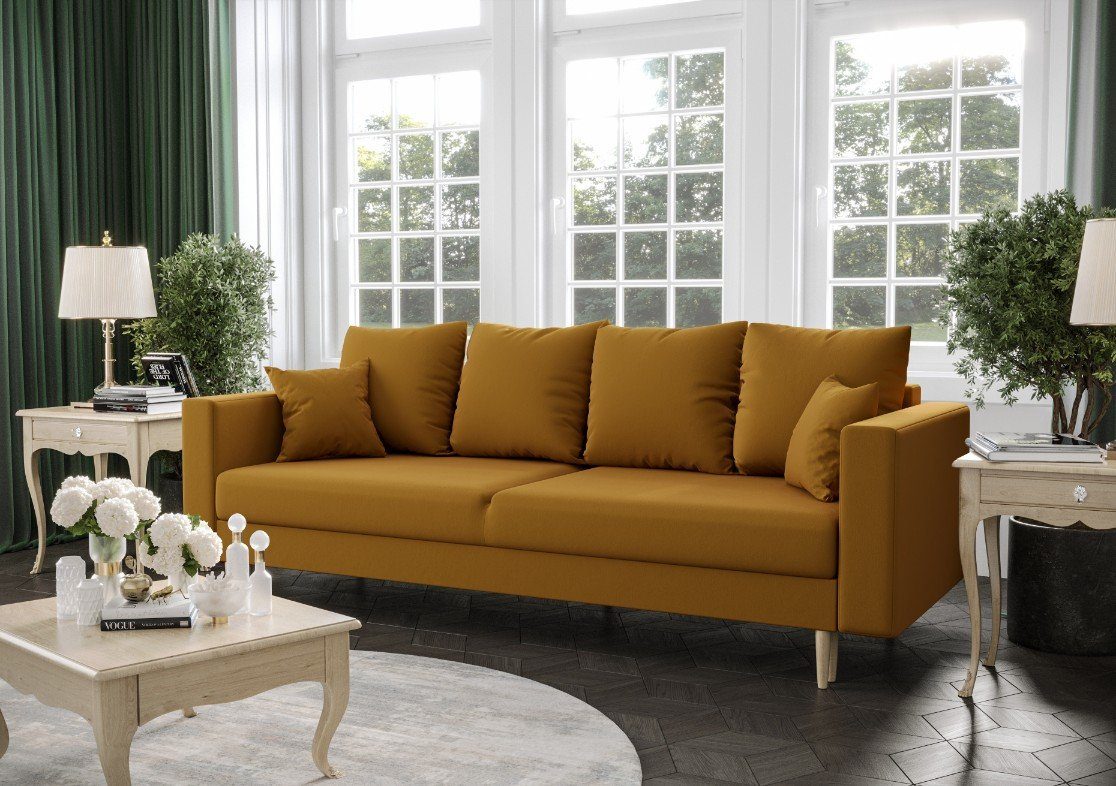 KRISTI pressiode COUCH Schlaffunktion 230cm Sofa Bettkasten mit Senffarbe Schlafsofa, und