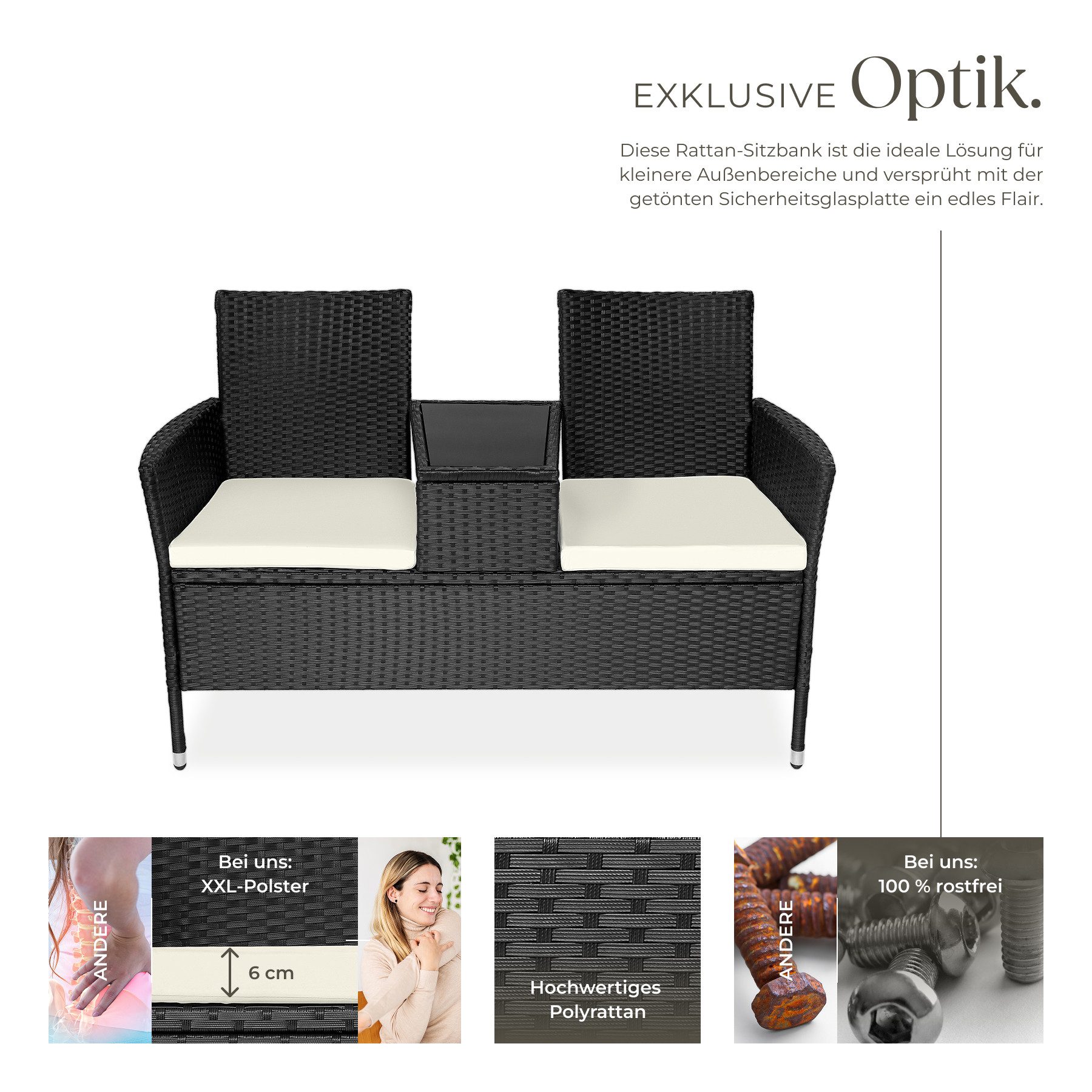 tectake Rattanstuhl Rattan Gartensitzbank (Set, 1 St), Abnehmbare Sitzpolster foptimaler Sitzkomfort, 6 cm Polsterstärke