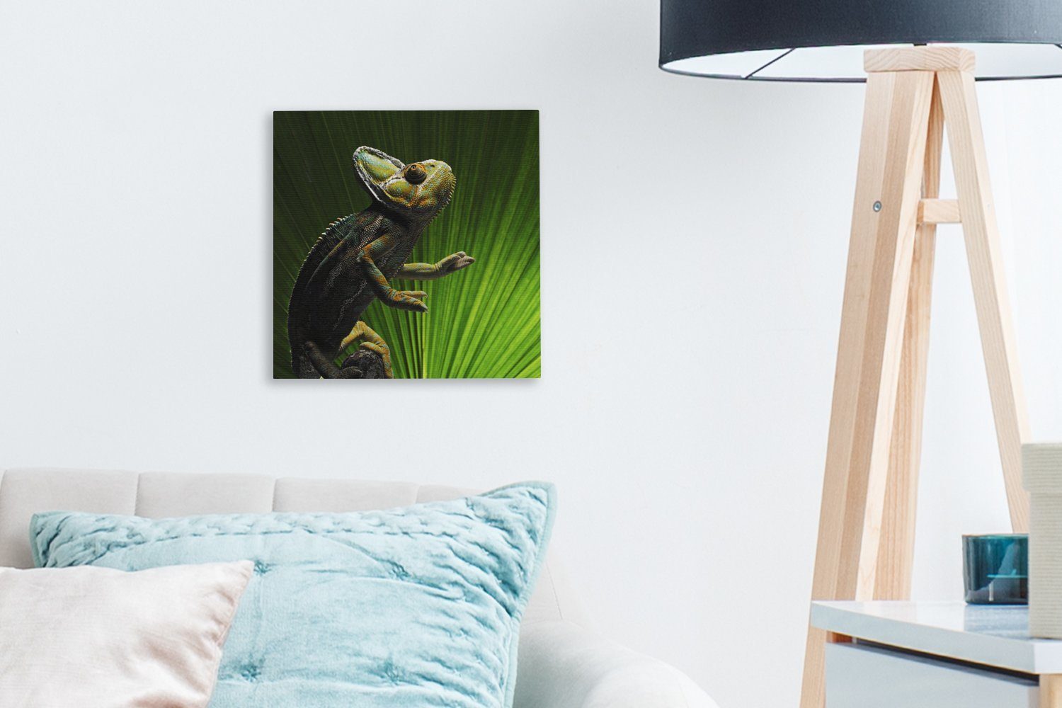 St), Leinwand Leinwandbild Chamäleon grünen Bilder für (1 OneMillionCanvasses® einem Blatt, Wohnzimmer mit Schlafzimmer