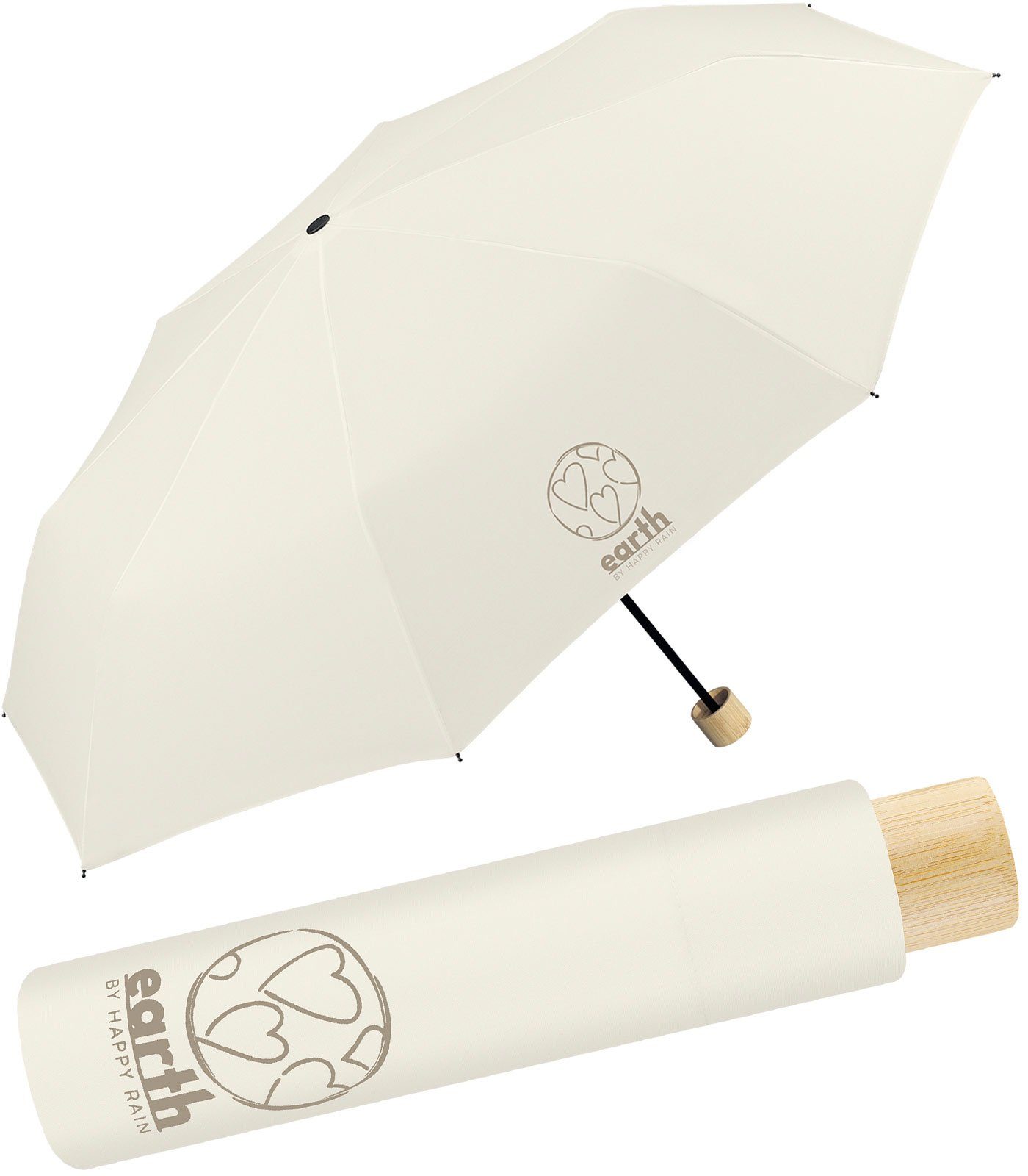HAPPY RAIN Taschenregenschirm Earth - nachhaltiger stabiler Super-Mini-Schirm, gut geschützt etwas für die Umwelt tun creme