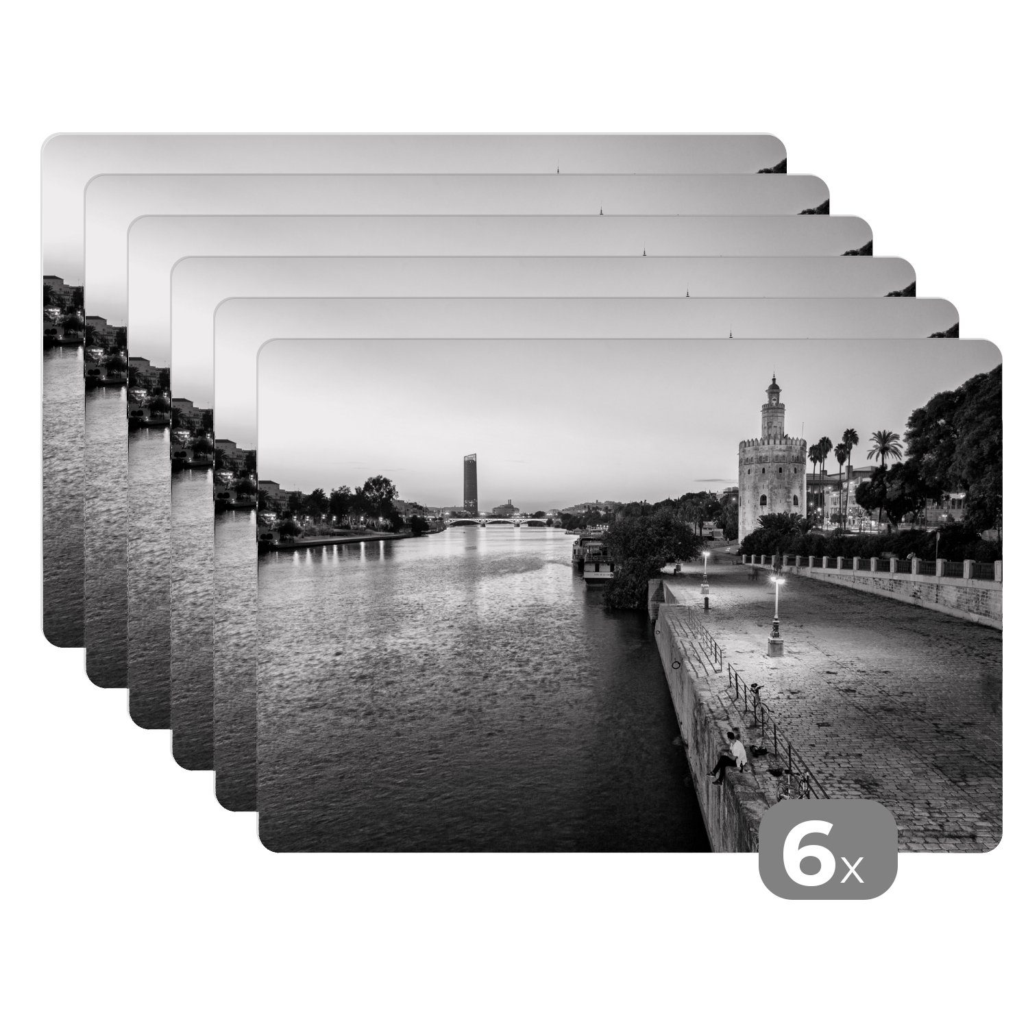 Platzset, Der Fluss Guadalquivir in Sevilla und der Torre del Oro in der, MuchoWow, (6-St), Platzset, Platzdecken, Platzmatte, Tischmatten, Schmutzabweisend