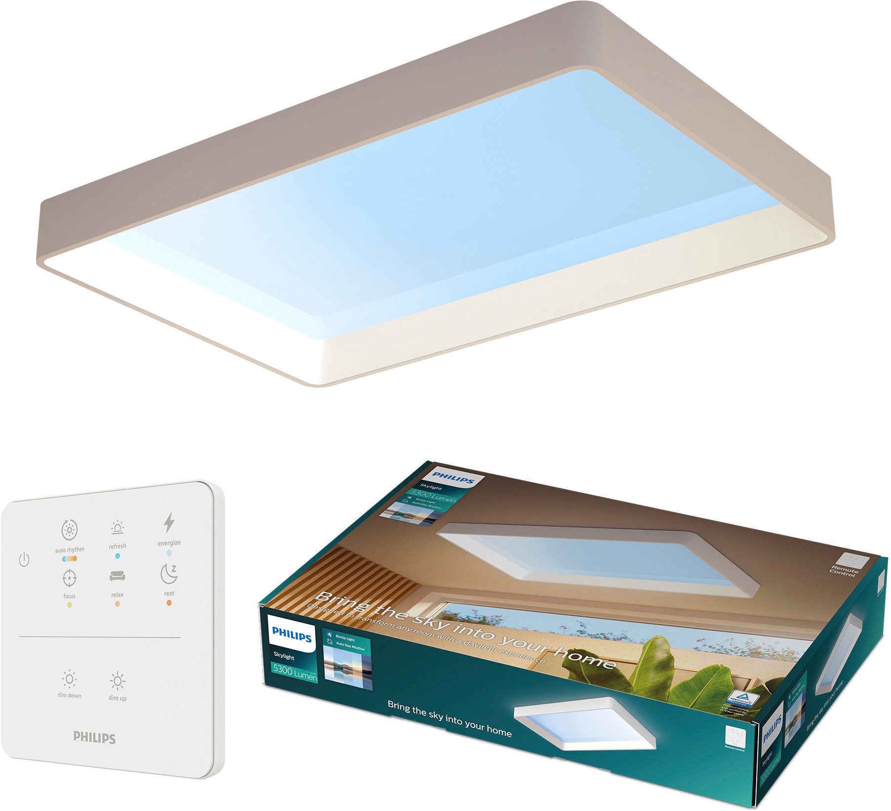 Philips LED Deckenleuchte Skylight LED Panel mit Tageslichtsimulation, IP44, Abschaltautomatik, CCT - über Fernbedienung, Dimmfunktion, Ein-/Ausschalter, Farbsteuerung, Farbwechsel, Fernbedienung, Infrarot inkl., Memoryfunktion, Softlichtstart, dimmbar üb