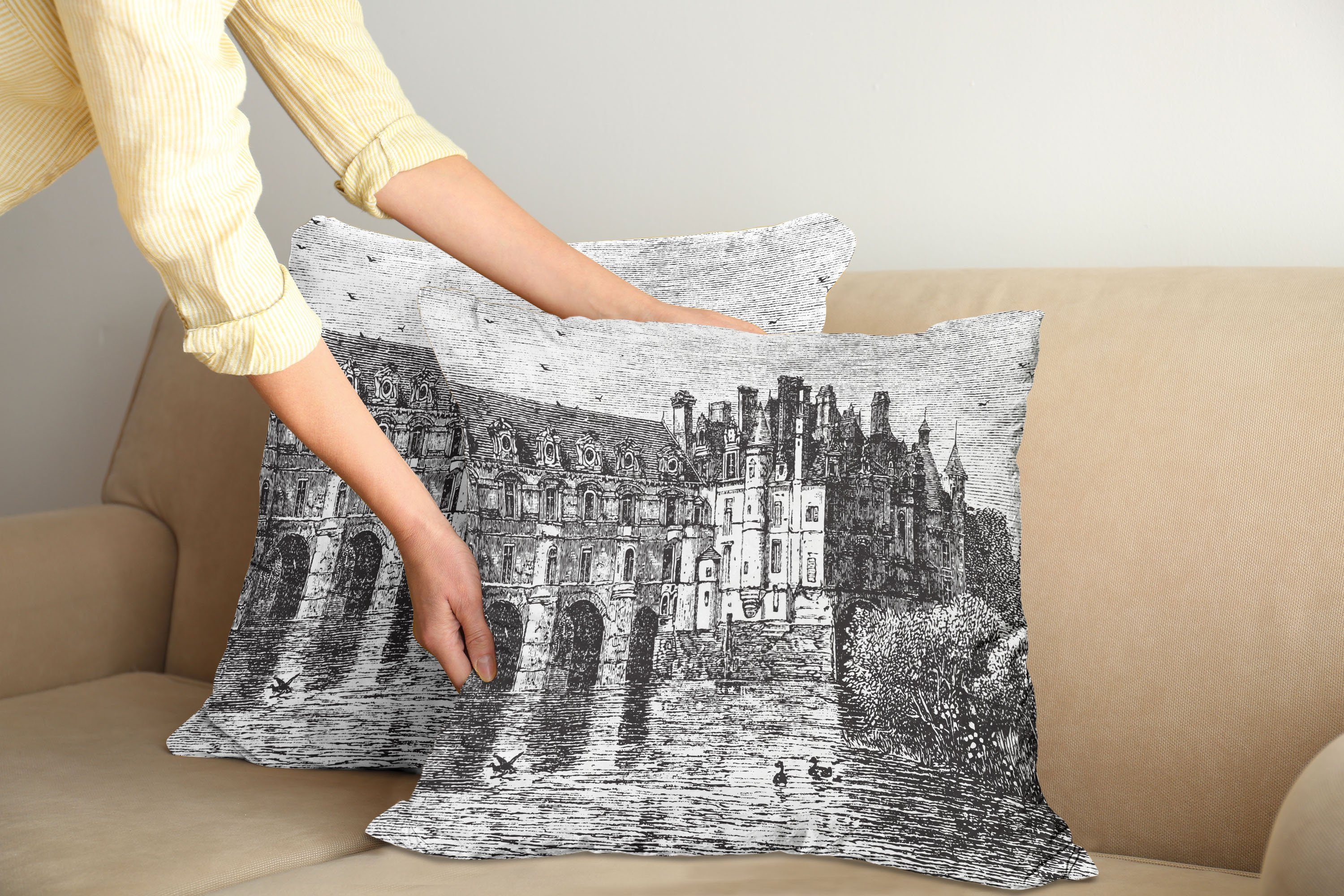 Kissenbezüge Stück), in (2 Frankreich Schloss Digitaldruck, Stadt Doppelseitiger von Modern Abakuhaus Sketchy Accent