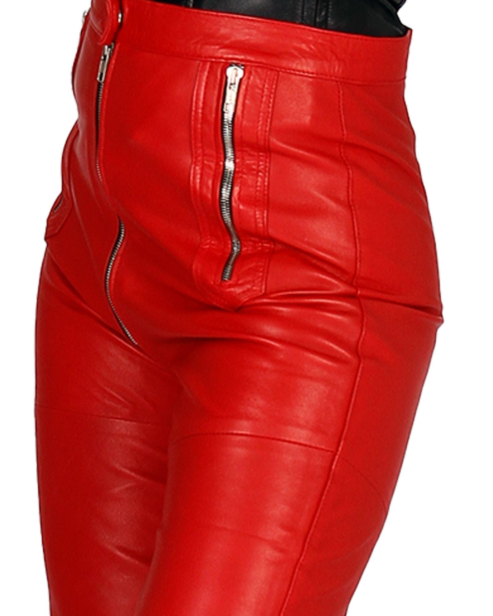 Fetish-Design Lederhose Kim Rot Schrittreißverschluß Echtes Leder Lederhose Schrittreißverschluss
