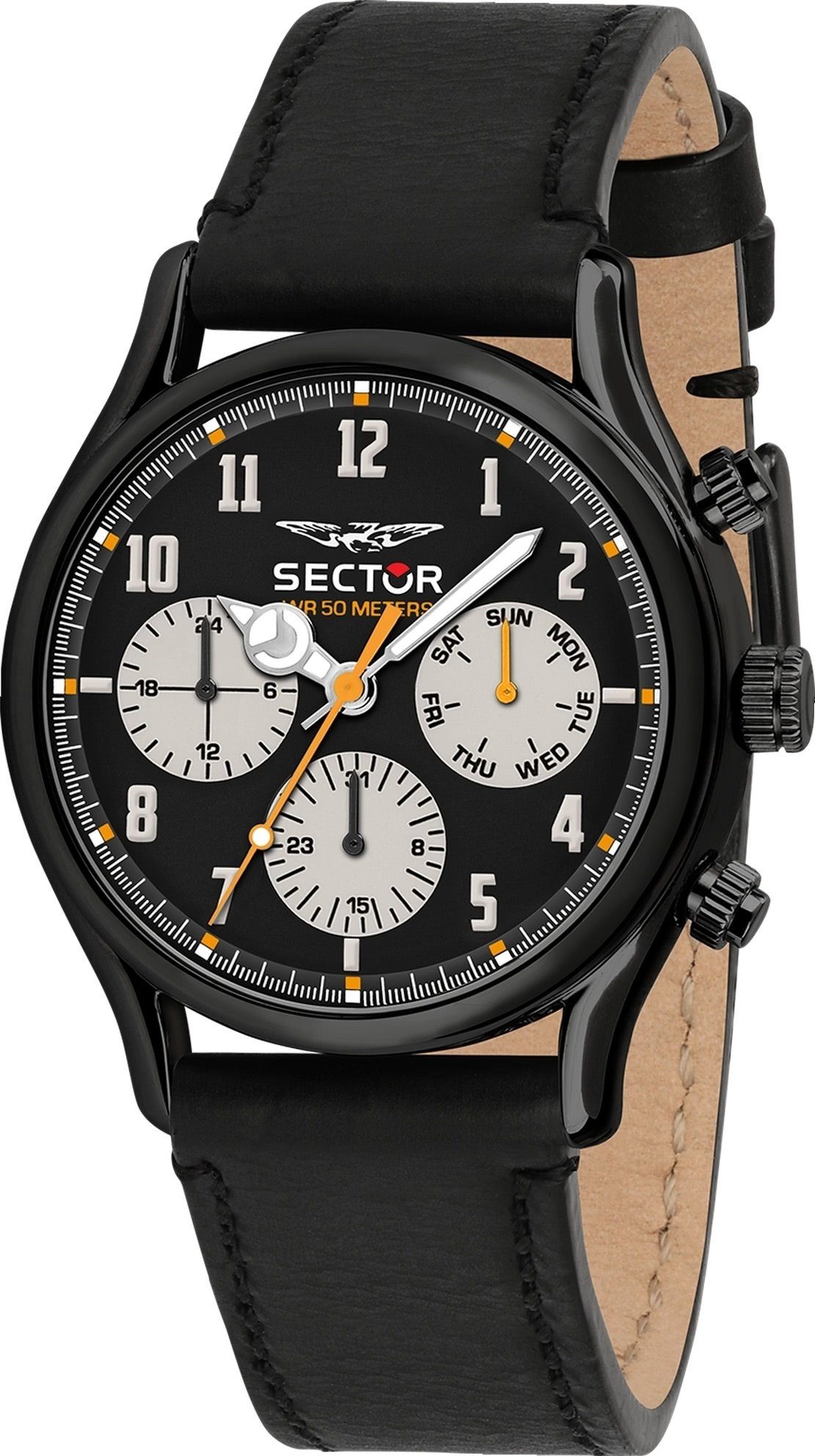 Sector Multifunktionsuhr Sector Herren Armbanduhr Multifunktion, (Multifunktionsuhr), Herren Armbanduhr rund, groß (ca. 45mm) Lederarmband schwarz, Fashion