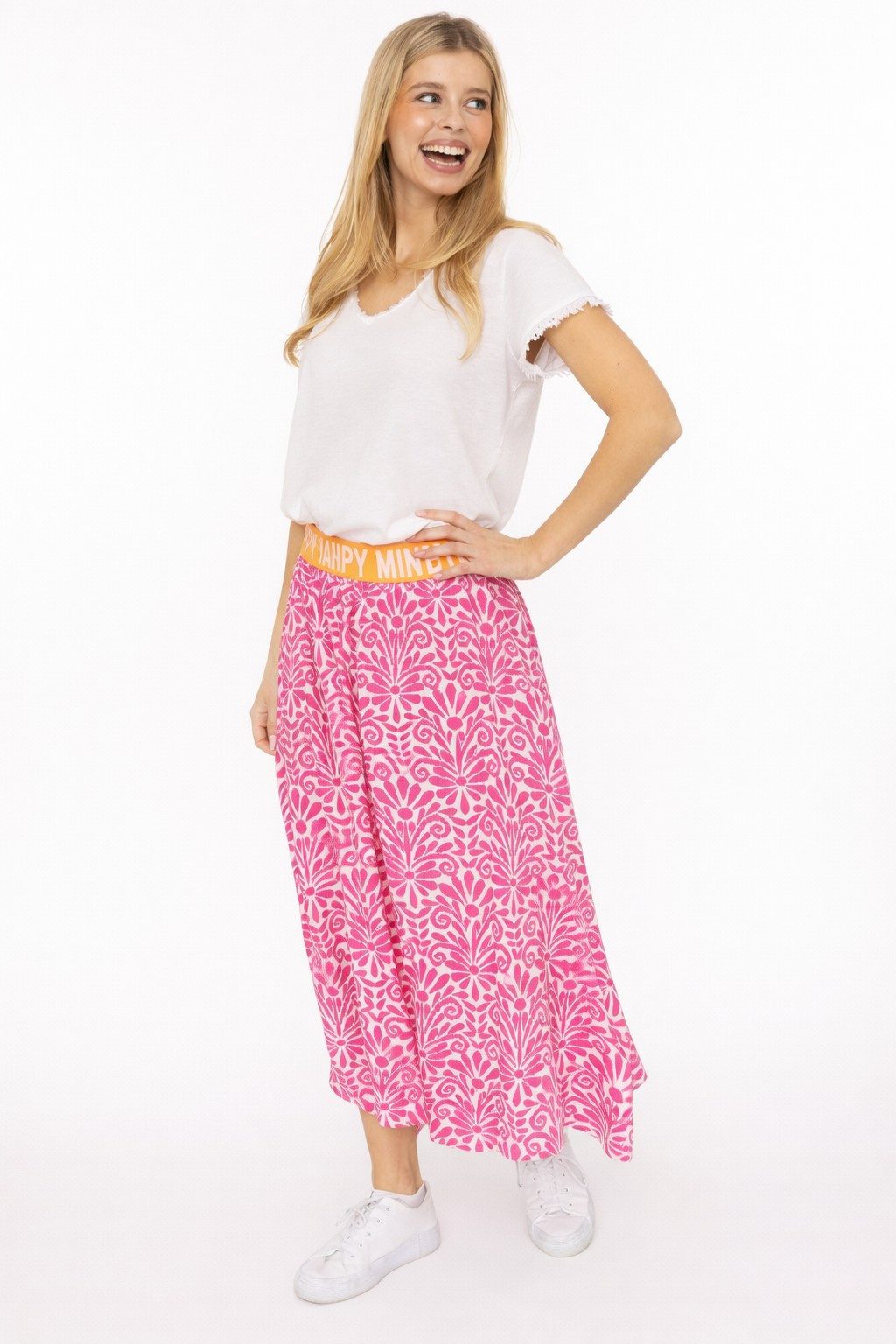 Zwillingsherz Maxirock "Geometric Flowers" Florales Muster, Gummizug mit Schrift, leichtes Material, knöchellang