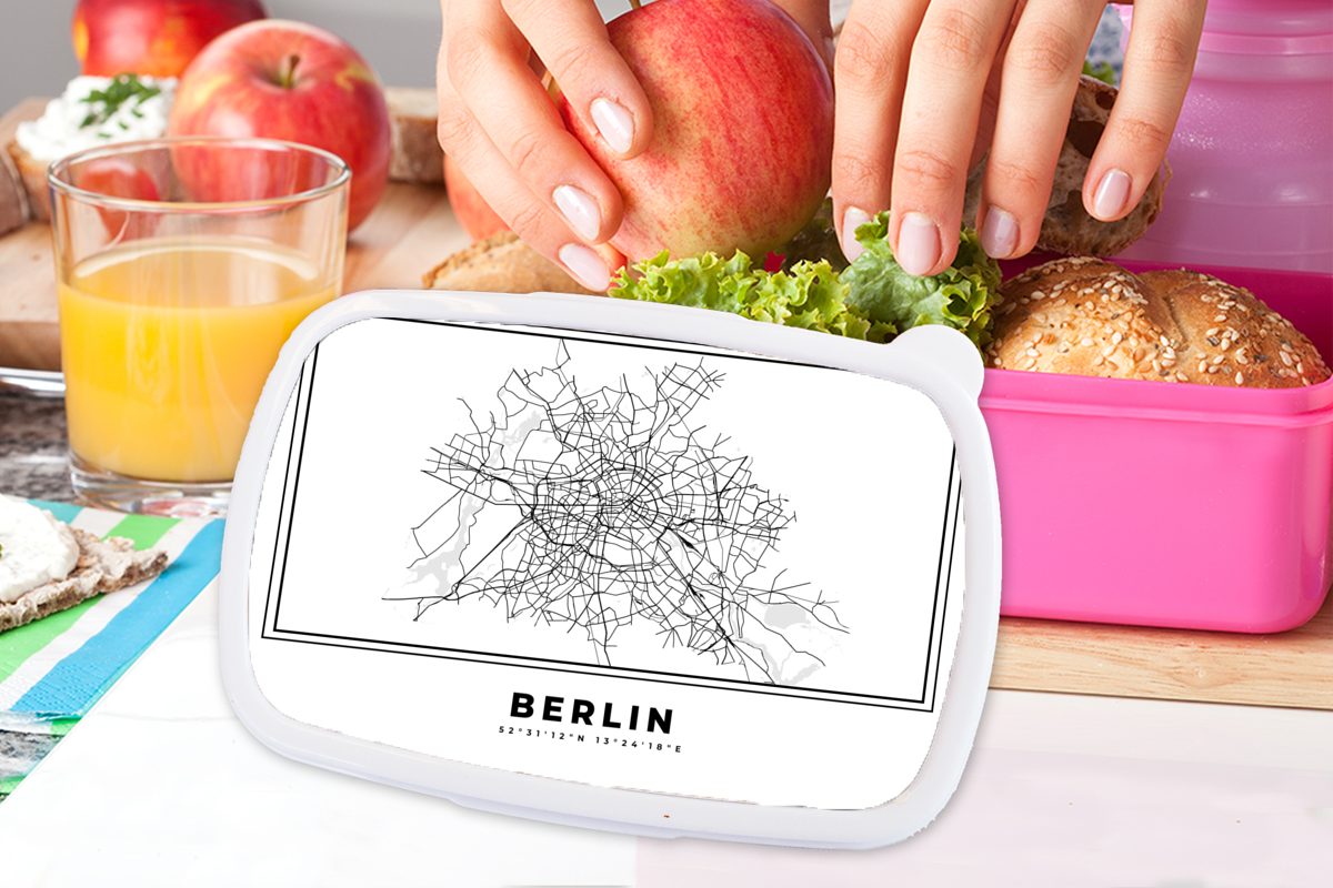 Berlin, (2-tlg), Lunchbox Stadtplan Deutschland - Kunststoff Schwarz rosa Brotbox und Mädchen, - Kunststoff, Brotdose Kinder, weiß Karte für - MuchoWow - Erwachsene, Snackbox,