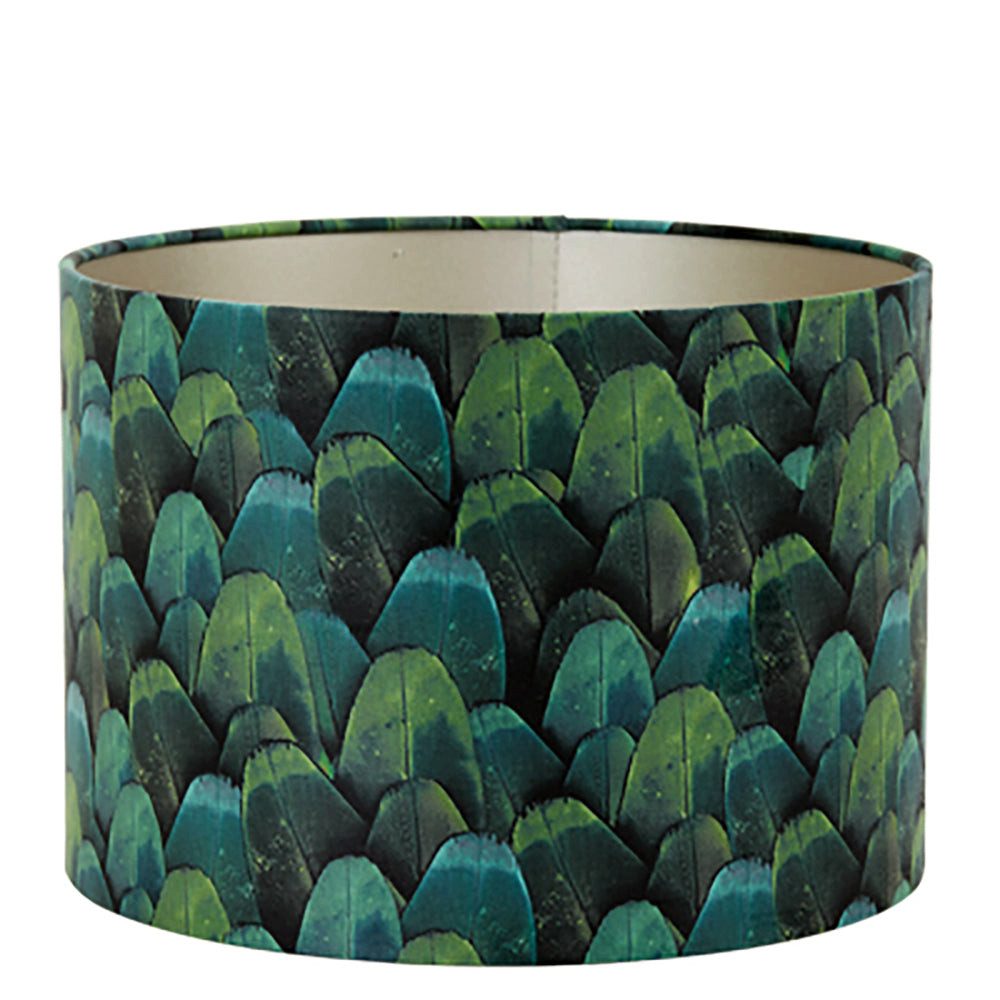Dirk Davids Leuchten GmbH Lampenschirm Lampenschirm Zylinder Velours Grün mit Federn Ornamente 40-40-30cm