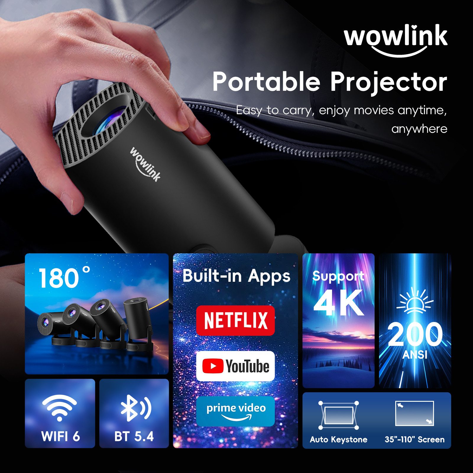 wowlink Mini Beamer Unterstützt 4K 1080P, Projektor mit WiFi 6, Bluetooth 5.4 Beamer (200 lm, 10000:1, 4K px, Automatische Trapezkorrektur mit HDMI/TV Stick/Laptop)