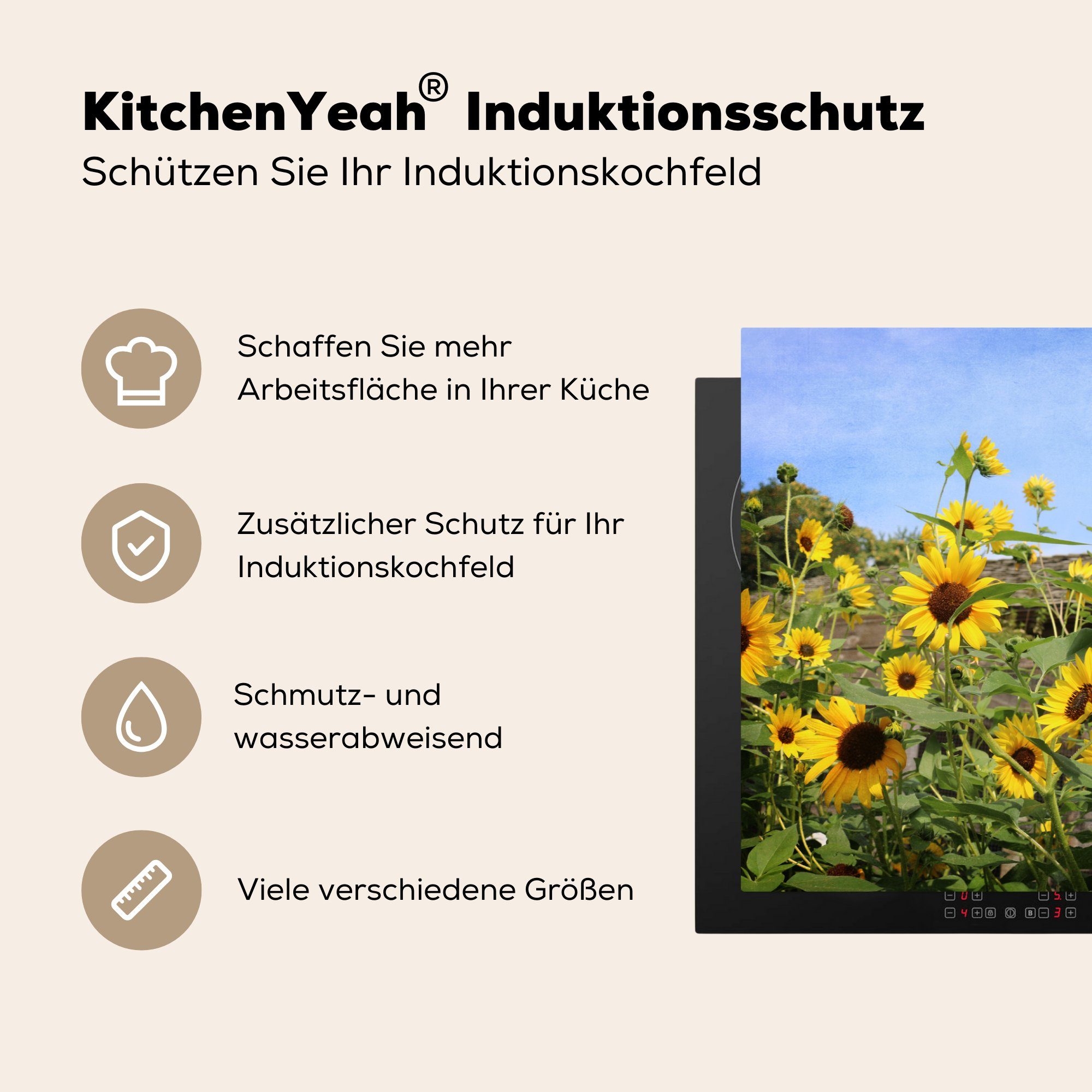 Vinyl, die Schutz für - küche, cm, (1 tlg), Sonnenblumen MuchoWow Ceranfeldabdeckung Garten - Herdblende-/Abdeckplatte Himmel, Induktionskochfeld 81x52