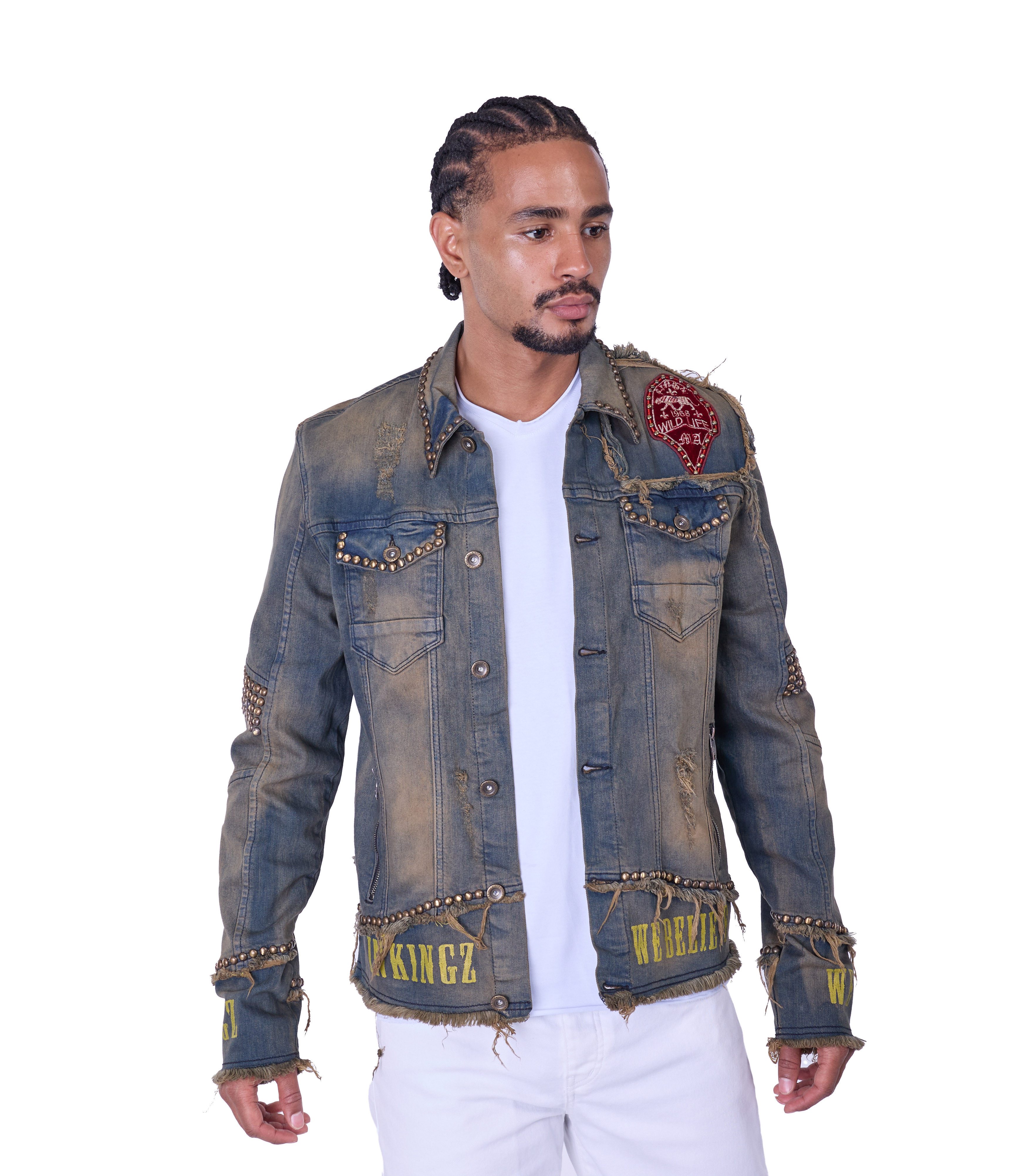 KINGZ Jeansjacke Designer Nieten Jeansjacke im Retrostyle Vintage Style