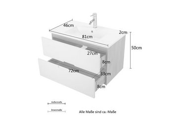 andas Waschtisch Lund Badezimmerschrank Unterschrank mit Becken (Set), Waschplatz mit Waschbecken und 2 Auszügen Breite 80 cm