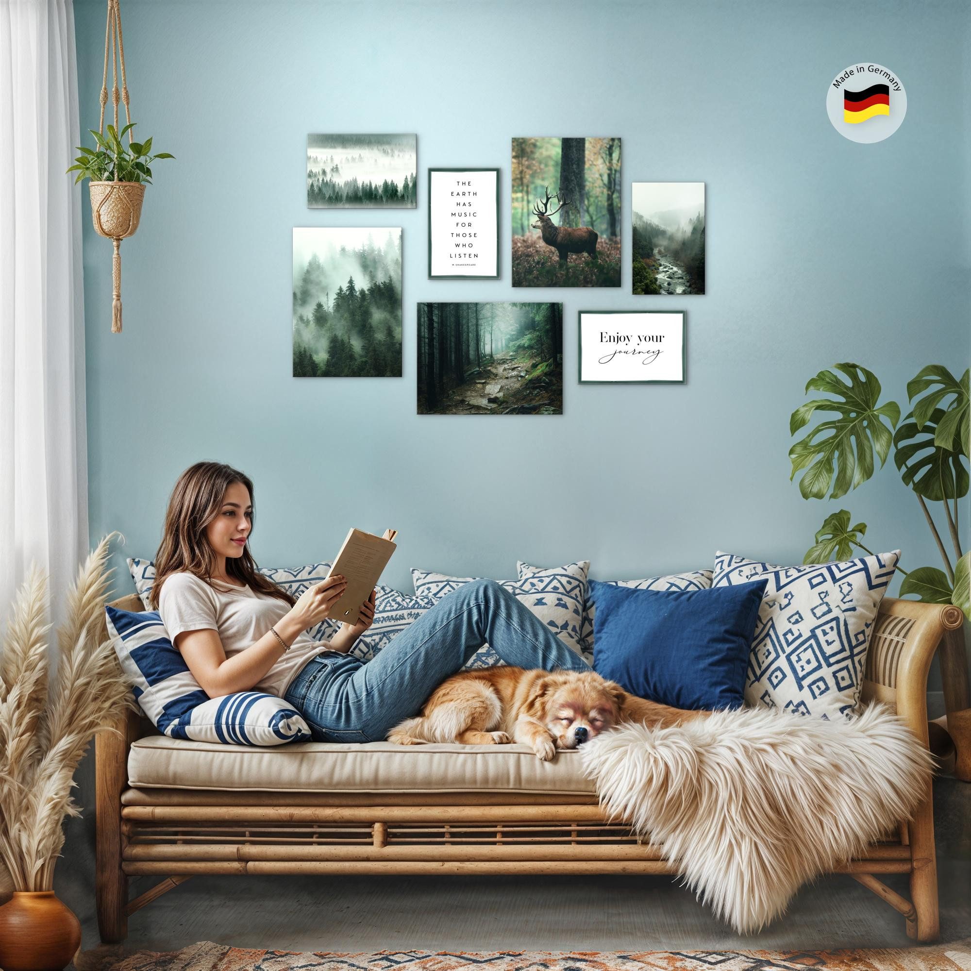 Novart Wandbild Wald Hirsch KOMPLETT AUFHÄNGFERTIG Natur Grün Wohnzimmer Schlafzimmer, Hirsch (7 St)