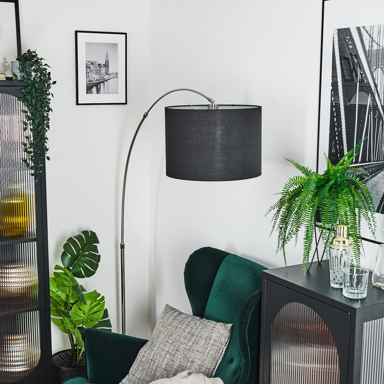hofstein Bogenlampe Stehlampe mit Marmorfuß aus Metall/Stoff in Nickel-matt/Schwarz/Weiß, verstellbare Stehleuchte im modernen Design mit Fußschalter, E27
