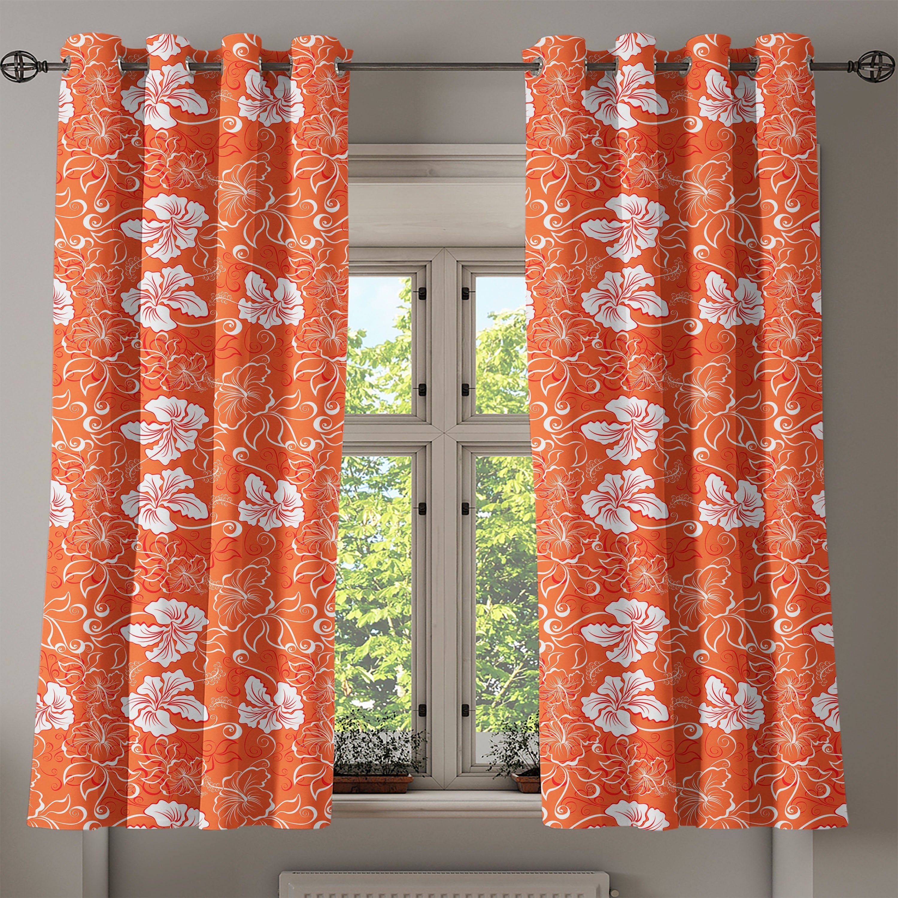 Gardine Dekorative 2-Panel-Fenstervorhänge für Abakuhaus, orange Tropical Schlafzimmer Hibiscus Burnt Wohnzimmer