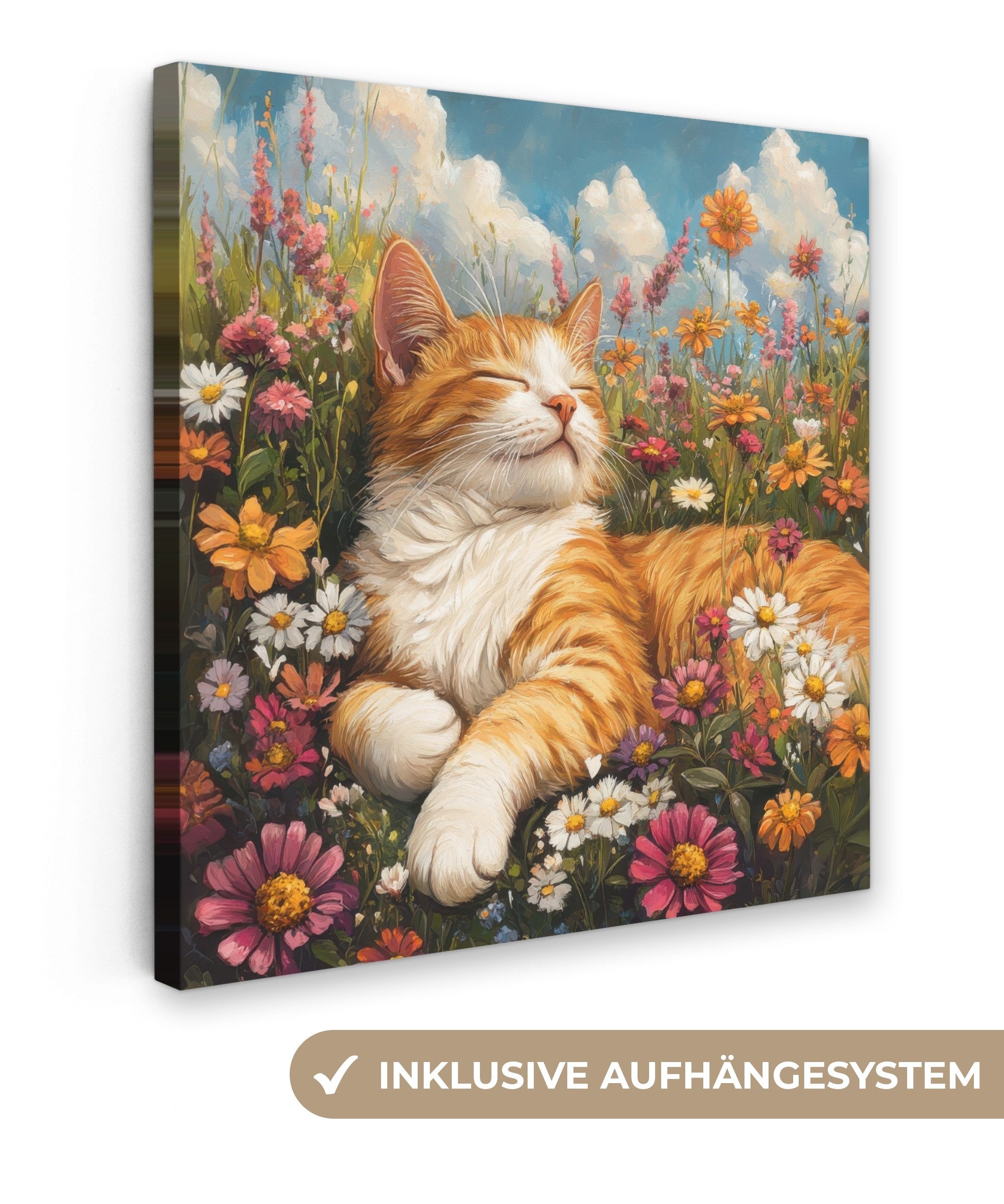 OneMillionCanvasses® Leinwandbild Katze - Blumen - Entspannen, Fotodruck (1 günstig online kaufen