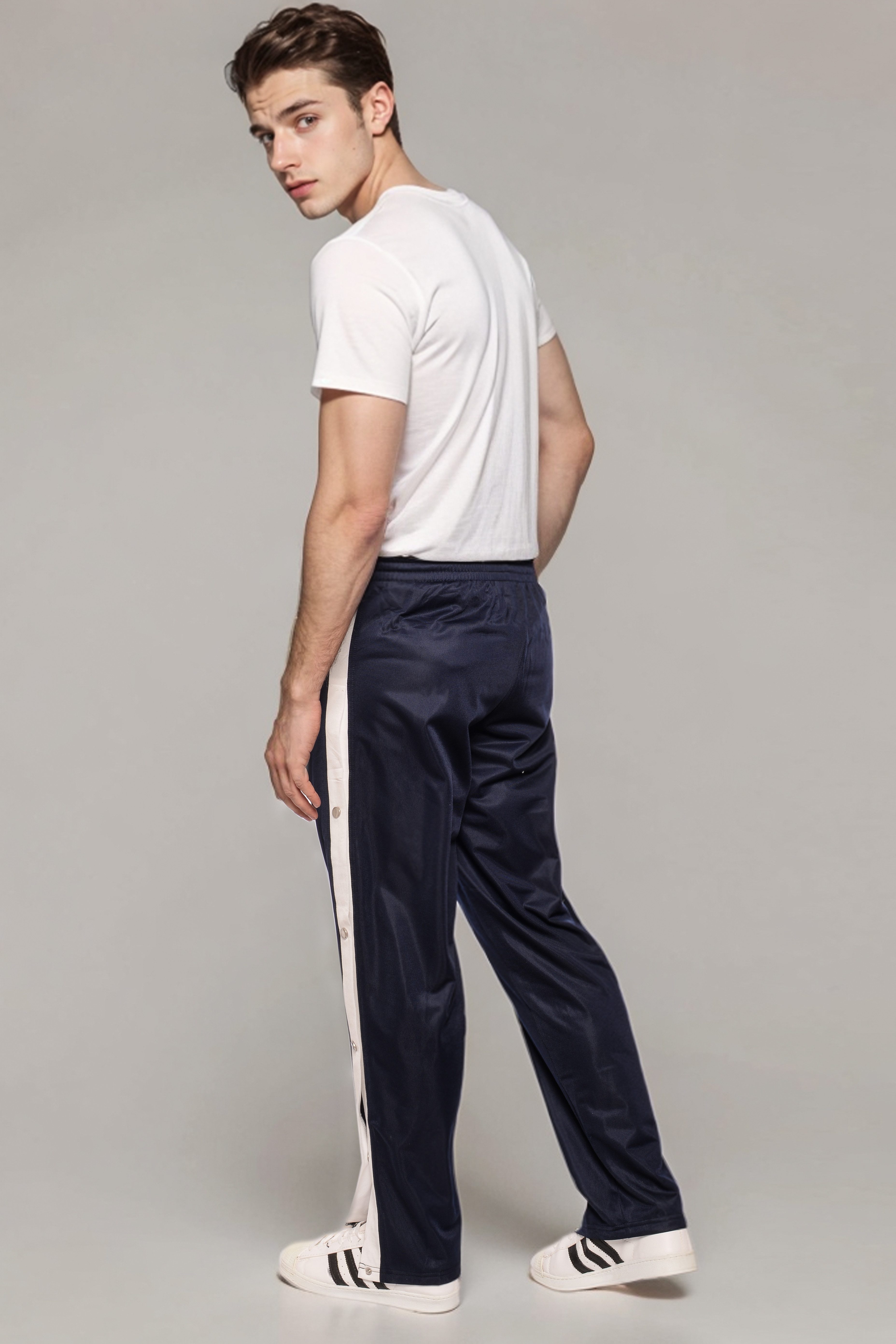 Kendindza Collection Jogginghose Knopfhose Jogginghose mit Druckknöpfen Sporthose Herren Relaxhose Tunnelzug Gummibund Streifen Knöpfe