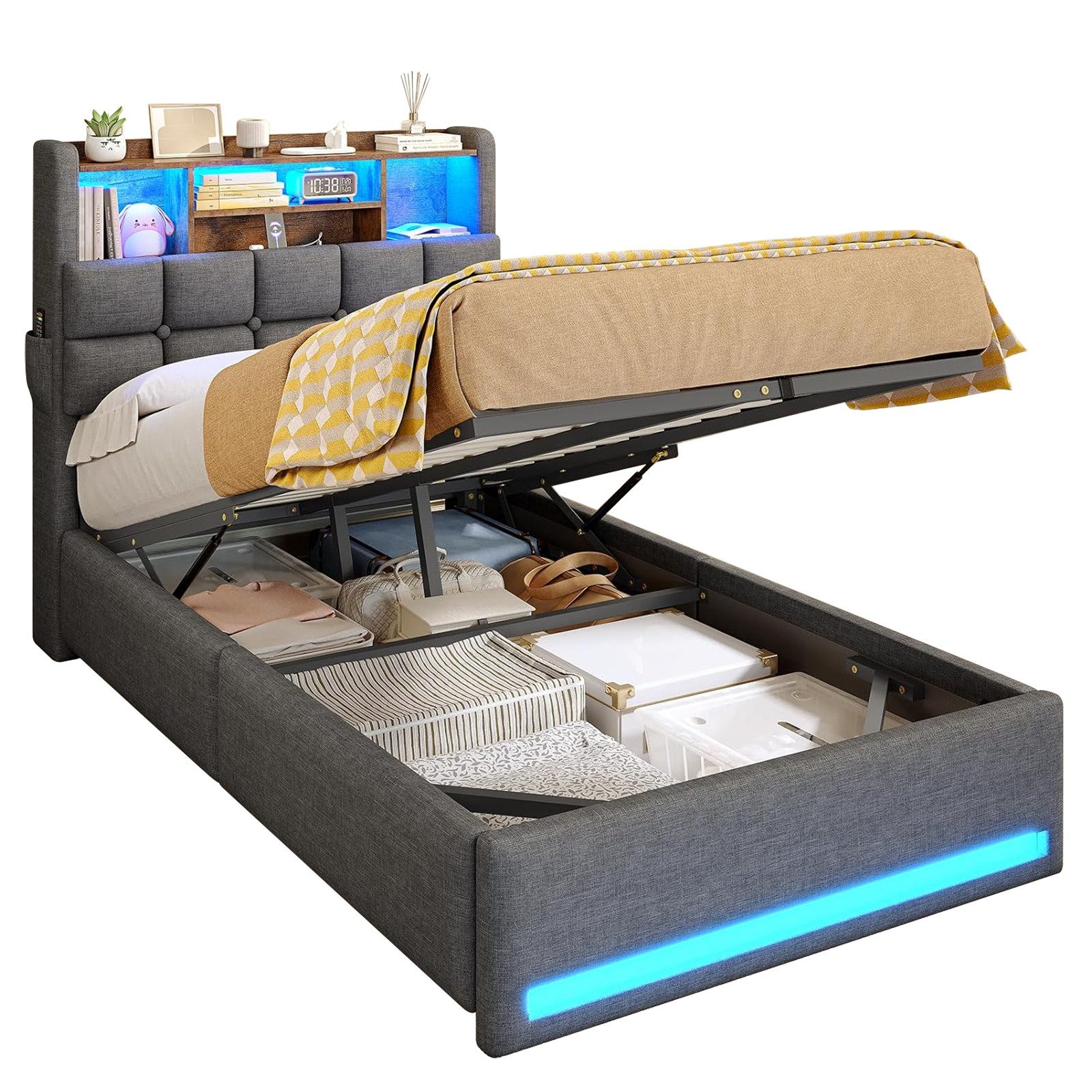 MSMASK Polsterbett Hydraulisches Stauraumbett mit LED-Bleuchtung, 90X200 cm günstig online kaufen