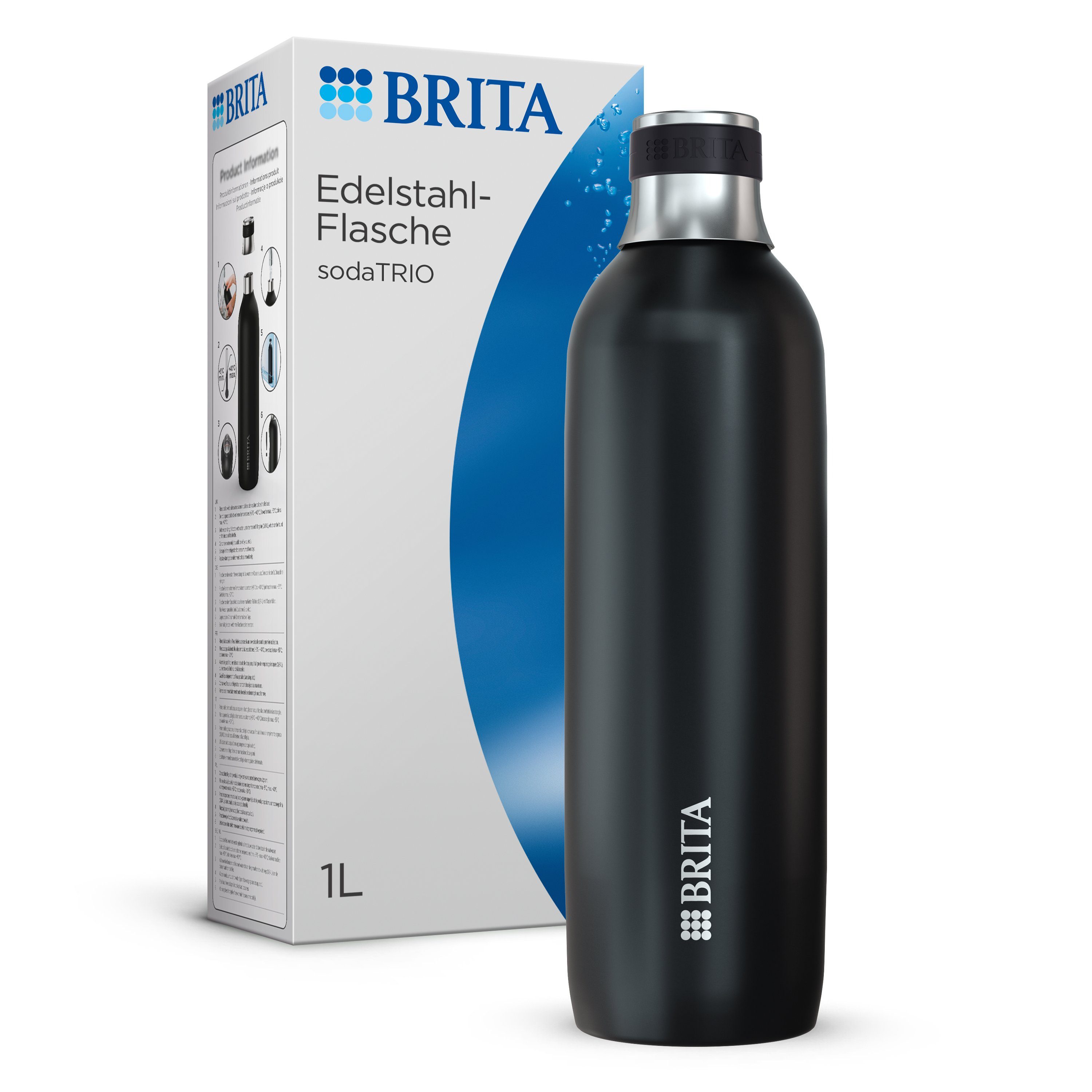 doppelwandige & isolierte Flasche, 1l Premium Flasche BRITA Edelstahl Wassersprudler sodaTRIO,