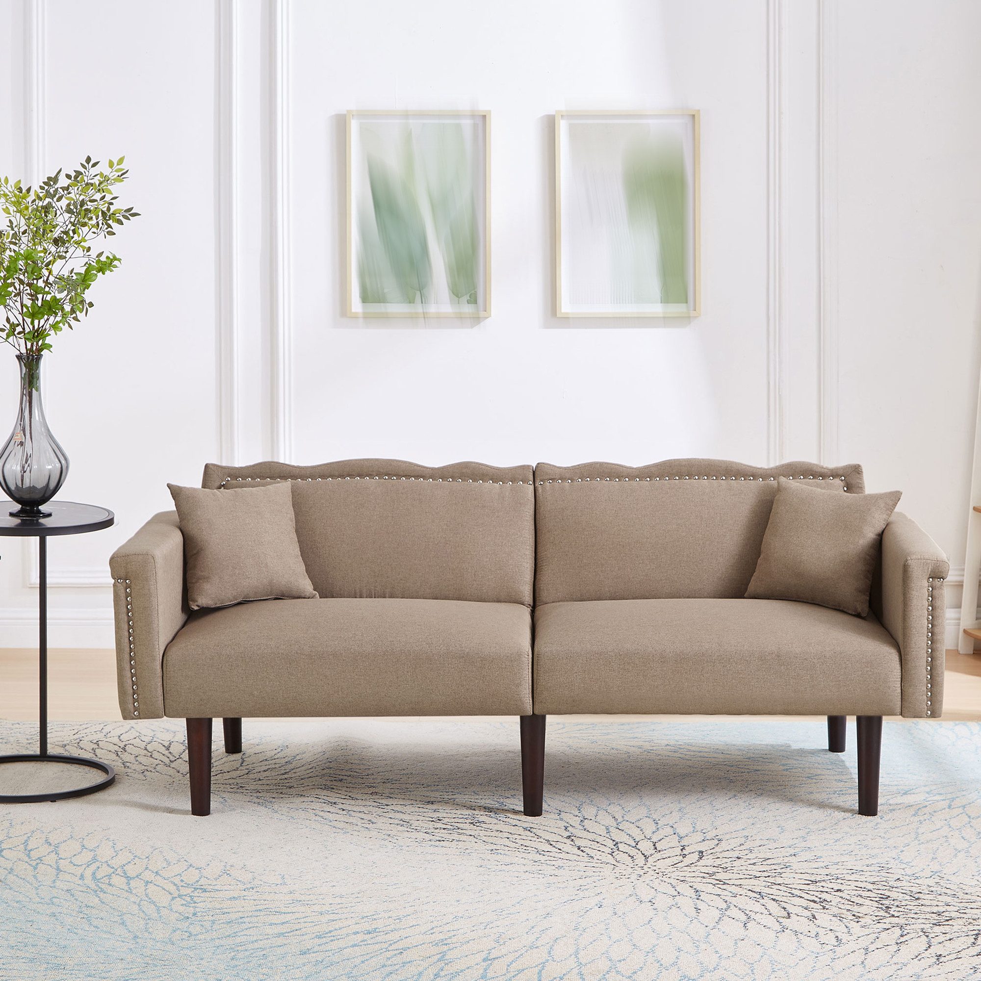 Refined Living Schlafsofa Zweisitzer-Sofa, Sofa mit Liegefunktion, 2-in-1 Schlafsofa, Klappsofa, verstellbare Rückenlehne Sofa, Leinen Schlafcouch, kleines Sofa mit Bettfunktion, Sofa für Gästezimmer, Relaxsofa, Multifunktionssofa mit Holzfüßen, Metallverzierungen, Baumwoll-Leinen-Stoff, hochdichter Schaumstoff, mit Zwei bequeme Kissen 1 Teile, für Kleine Wohnungen, Gästezimmer, Wohnzimmer,Büro,Schlafzimmer