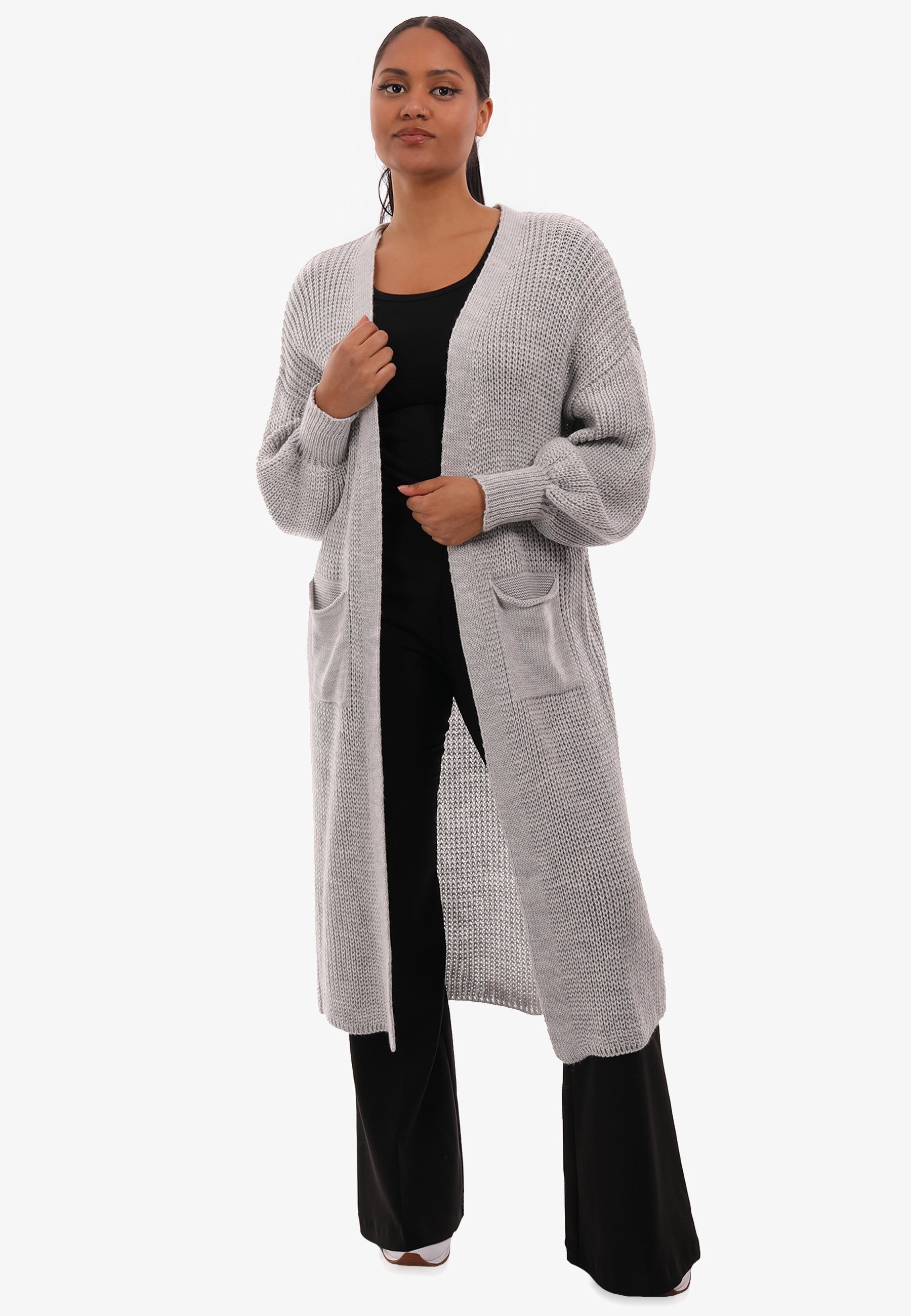 grau aufgesetzten YC in Fashion Strickjacke & Style Verschlusslos Cardigan Unifarbe, mit Taschen Cardigan Basic