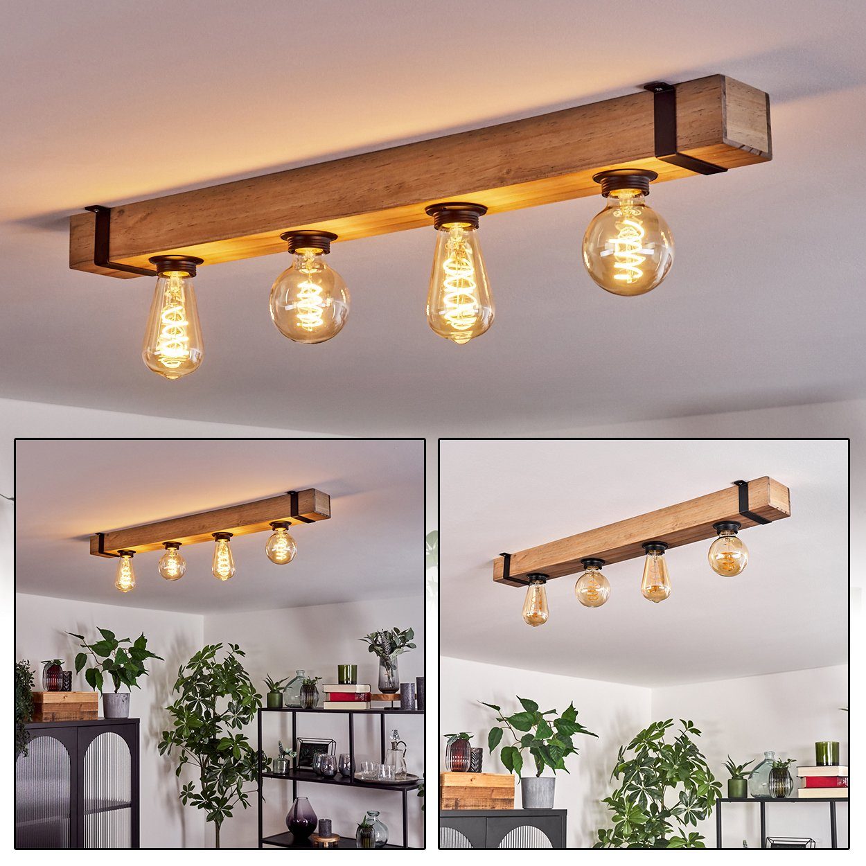 4x Deckenlampe in Metall/Holz moderne Deckenleuchte Leuchtmittel Schwarz/Natur, Industrial-Style, ohne im Leuchtmittel, Holzbalken, hofstein E27. aus ohne