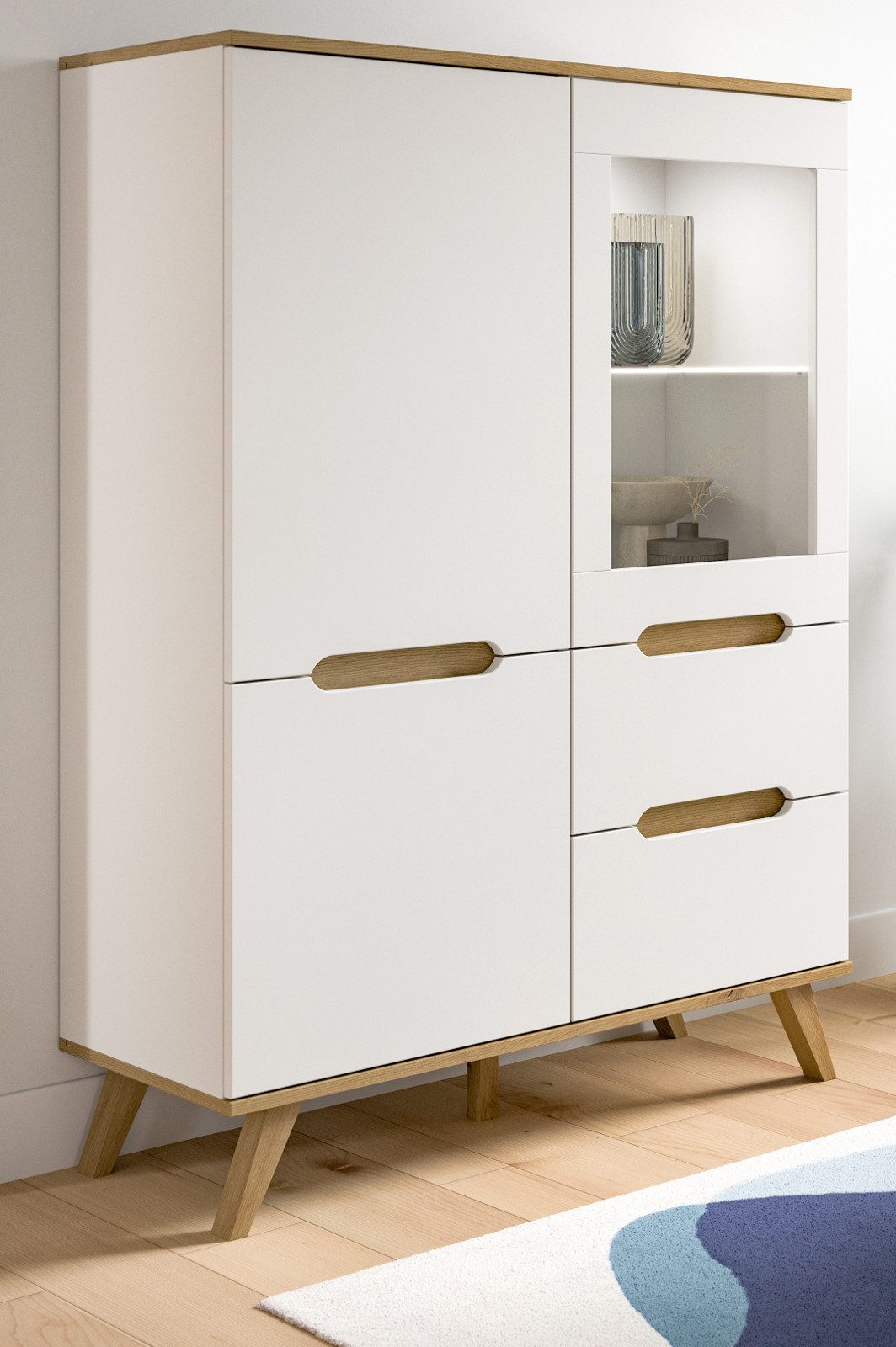 Inn.Furn Highboard Hygge (Vitrine in weiß mit Nox Eiche, 100 x 140 cm), mit Soft-Close-Funktion