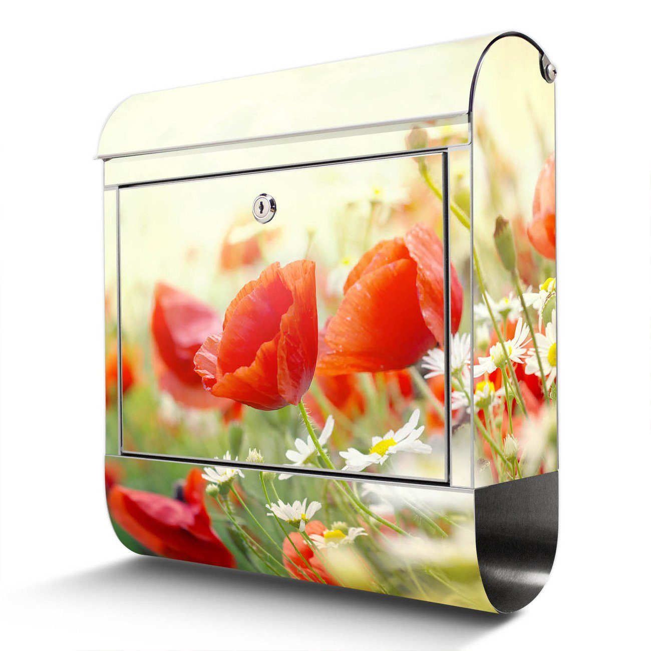 banjado x groß, Edelstahl mit Mohn Wandbriefkasten 38 x12cm 42,5 Kamille Und Zeitungsfach), (Wandbriefkasten