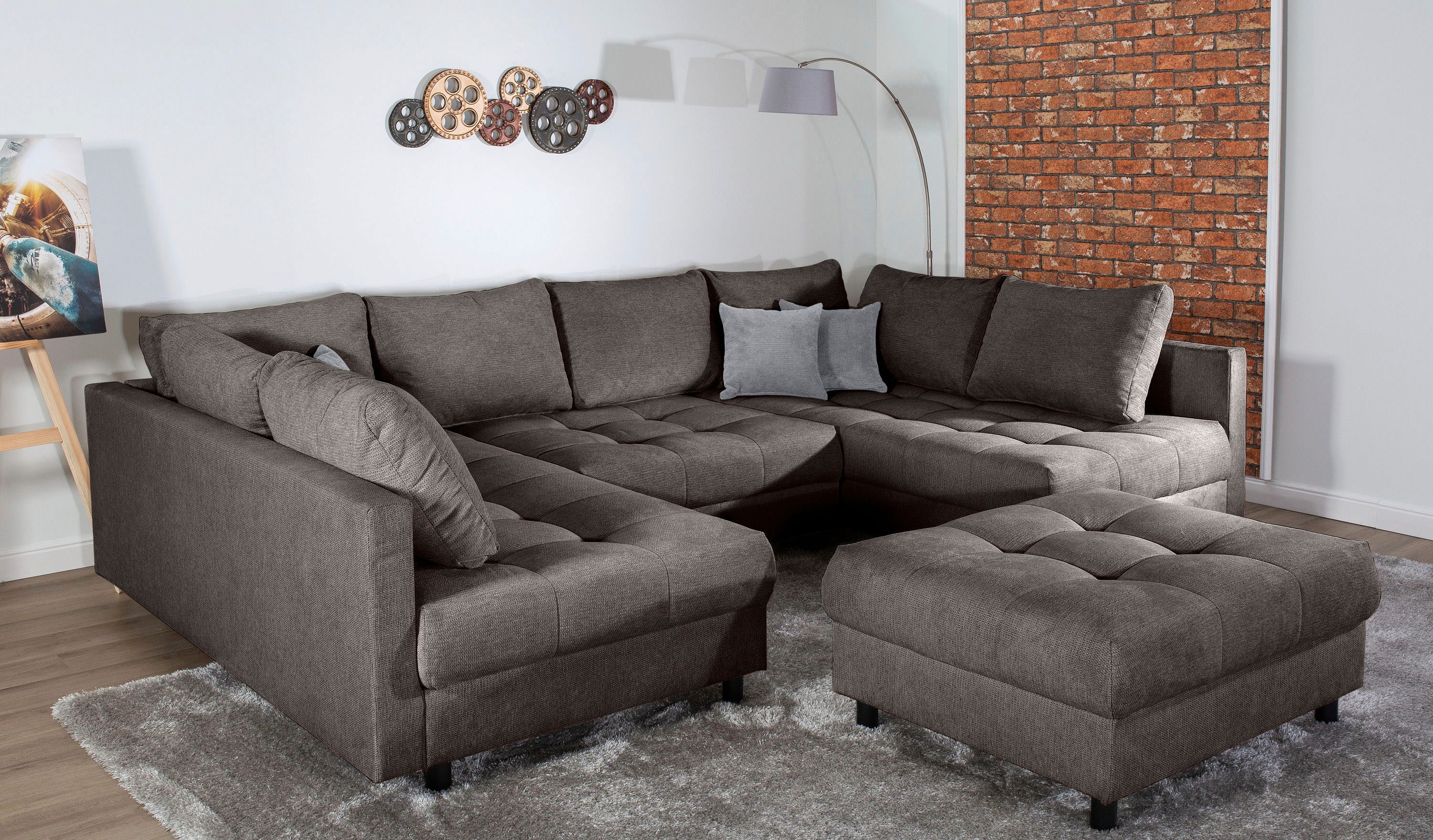 COLLECTION AB Wohnlandschaft Toni U-Form, B: 298 cm, XXL-Liegefläche 282x178 cm mit Hocker, Set: Sofa & Hocker, 3 Zierkissen, Federkern