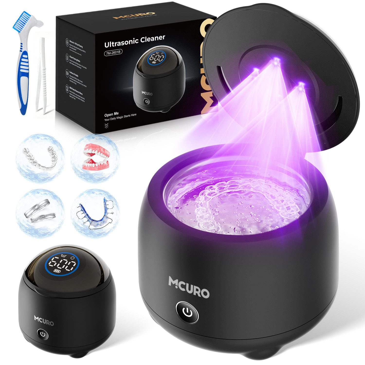 MCURO Ultraschallreiniger Ultraschallreinigungsgerät 48kHz UV 254nm für Zahnschiene Zahnersatz, 200ml Tank 4 Modi, wahlweise 4000mAh, kompakt, 6 Reinigungstabs