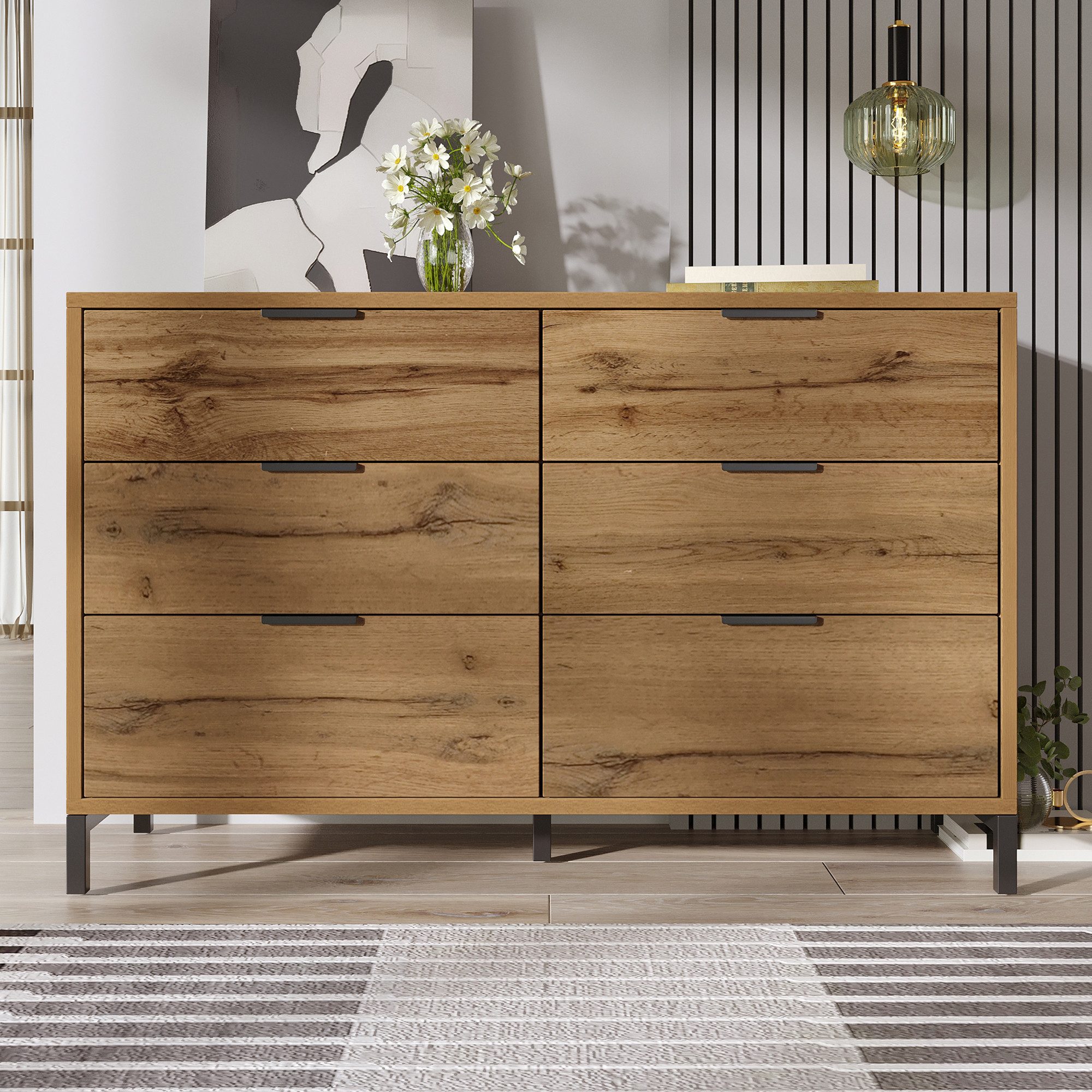 Flieks Kommode, Sideboard Schrank mit 6 Schubladen 120x40x76cm