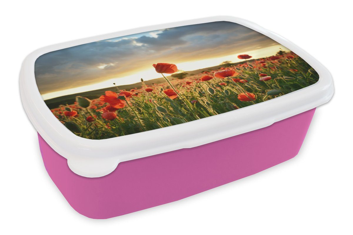 Brotbox Bunter Mädchen, (2-tlg), über Kunststoff, Snackbox, MuchoWow Erwachsene, vielen Kunststoff Brotdose Mohnblumen, rosa für Himmel Kinder, Lunchbox