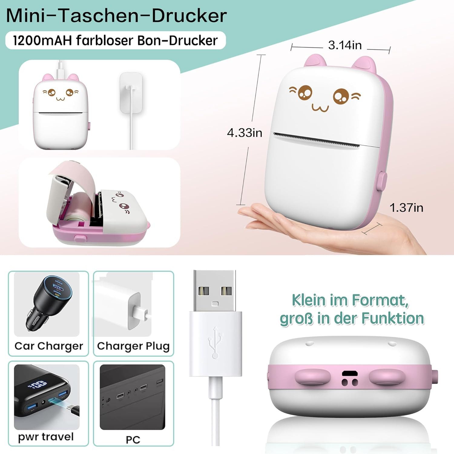 wohnTRAUM24 Thermo-Etikettendrucker mit USB-Aufladung, Bluetooth-Fotodrucker Etikettendrucker, (Bluetooth-Verbindung,1200-mAh-Akku, kabellos, kompatibel mit And – Bild 5 von 5